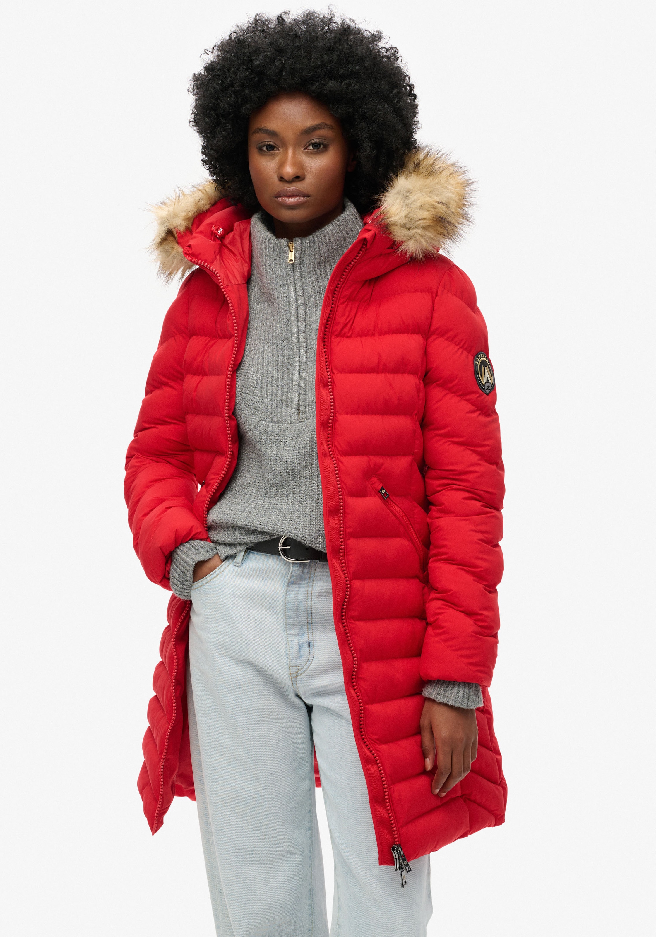 Superdry Steppjacke »FUJI FAUX FUR HOOD MID LENGTH«, mit Kapuze