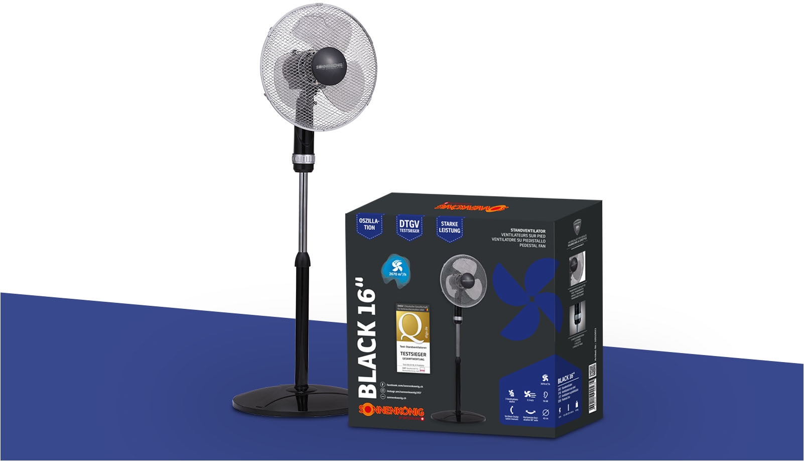 Sonnenkönig Standventilator »Black 16, Leistung 50W, schwenkbar, laufruhig, höhenverstellbar,« hohe Effizienz, modernes Design, 3 Geschwindigkeiten