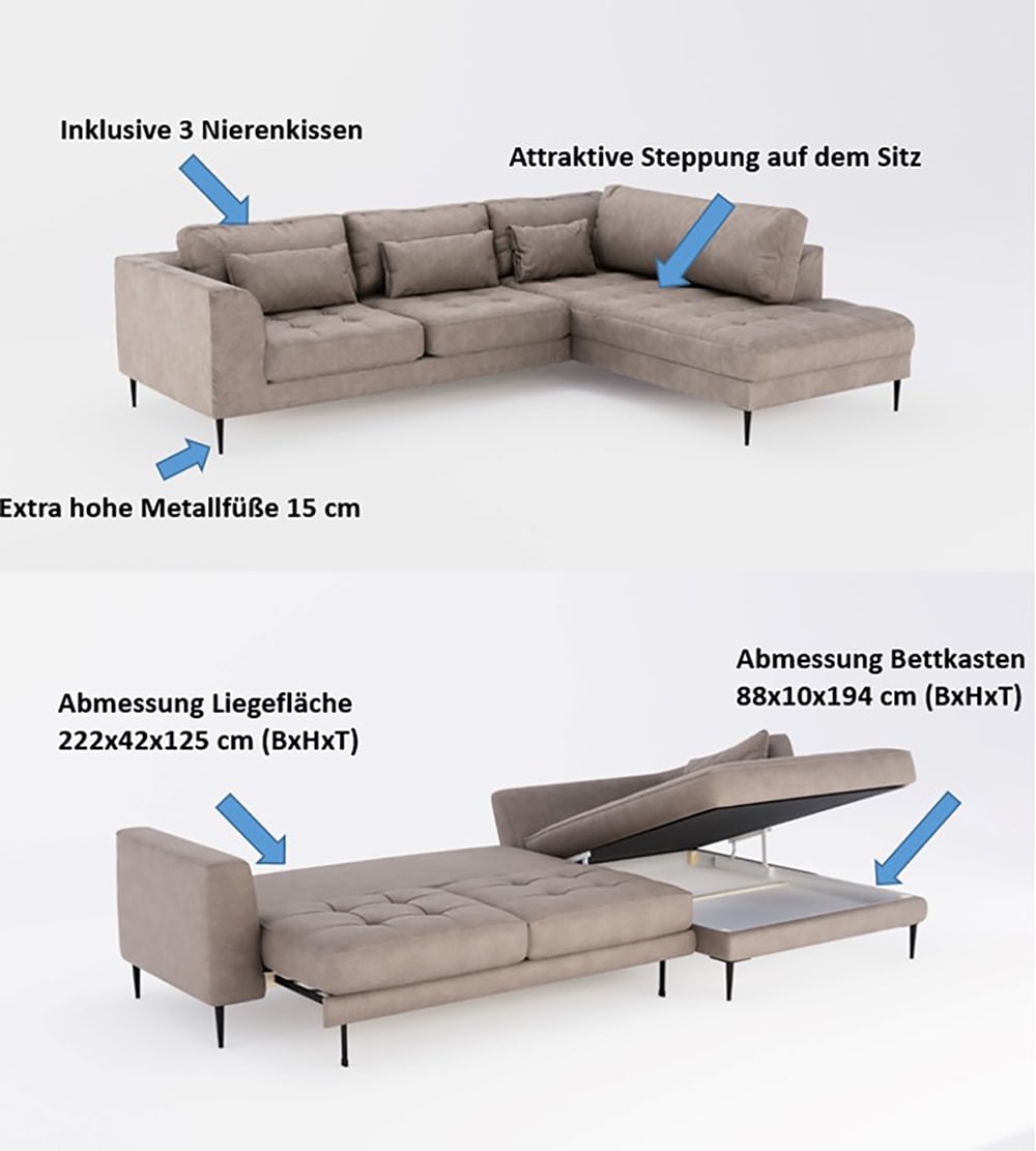 TRENDMANUFAKTUR Ecksofa »Luzi, wahlweise mit Schlaffunktion und Bettkasten, gemütlich, L-Form«, Designsofa mit Ottomane, Metallfüße schwarz, Breite 264 cm