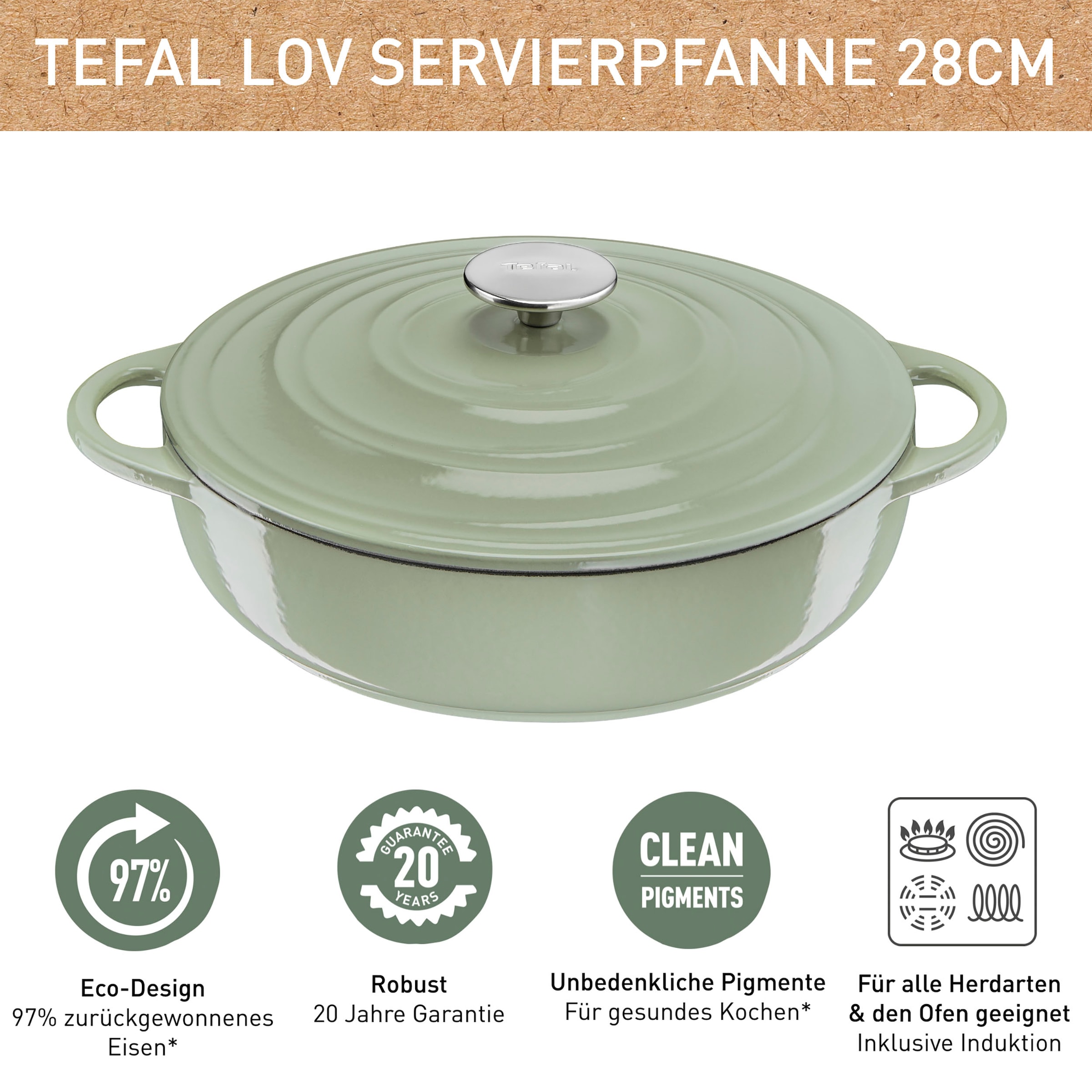 Tefal Servierpfanne »LOV«, Gusseisen, (1 tlg.), umweltfreundlich, inkl. E-Book, Ø 28cm, Induktion