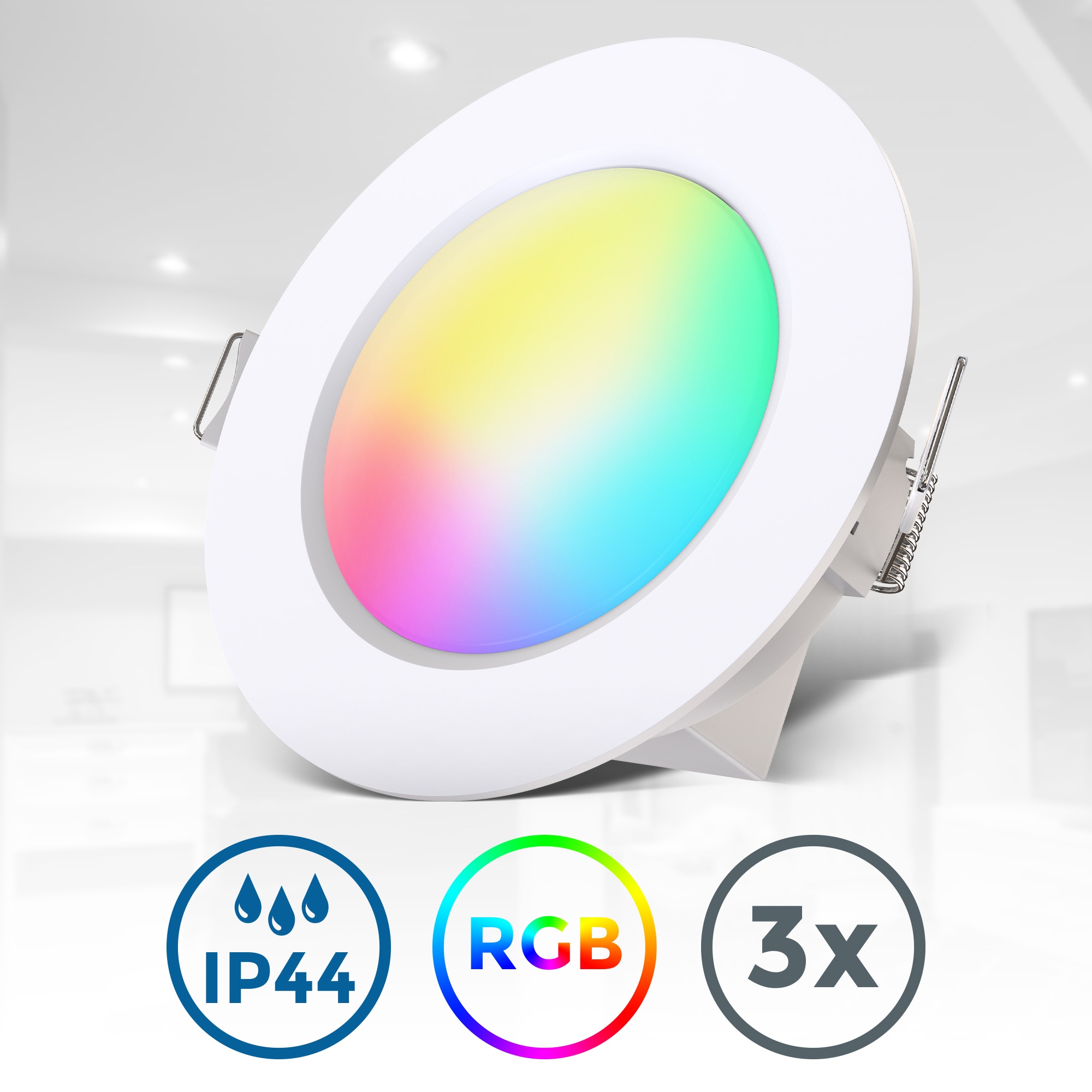 LED Bad-Einbauleuchte, 3er-Set, Schutzart IP44, RGB-Modus, 3.000 K