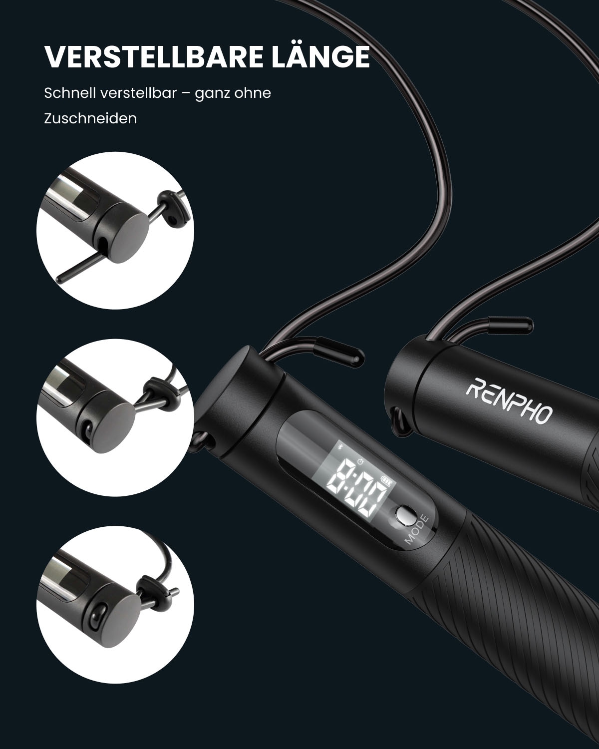 Renpho Springseil »Smartes Springseil 2-in-1 Q008« Smart, gewichtet, verschleißfest, Display, Zähler, App, 2-in-1