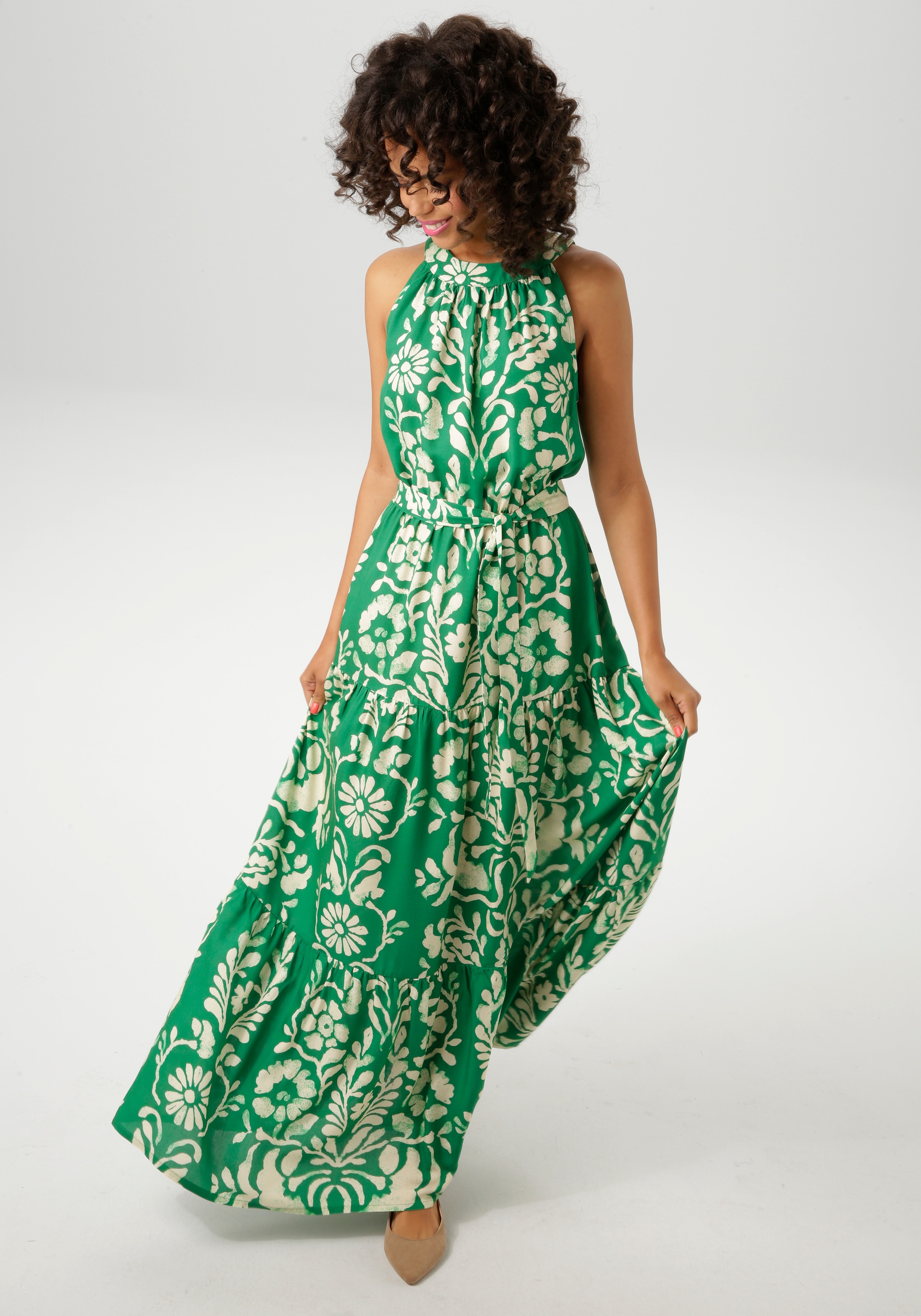 Aniston CASUAL Sommerkleid, (mit abnehmbaren Bindeband), mit extravagantem Blumendruck - jedes Teil ein Unikat