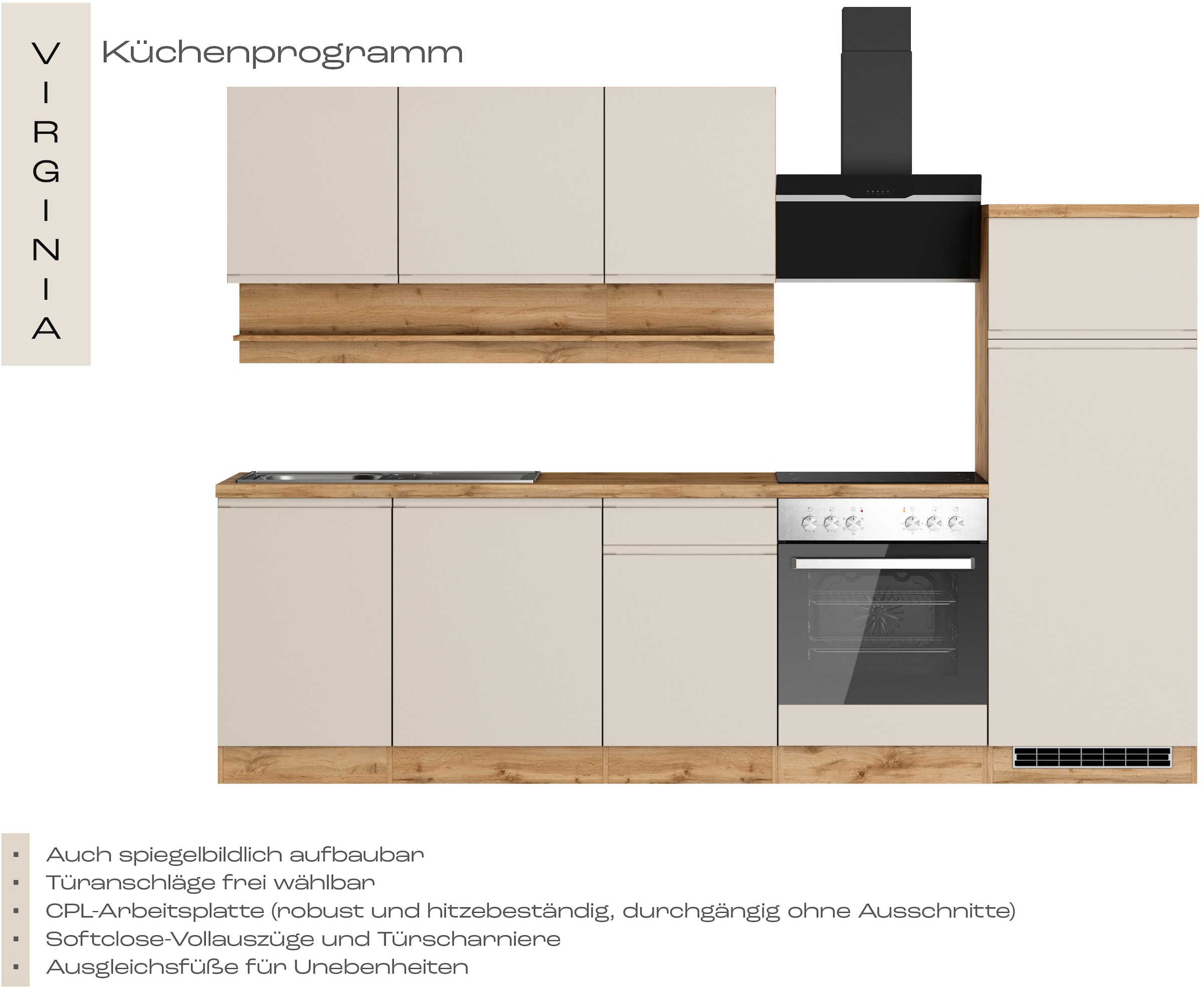 KOCHSTATION Küchenzeile »KS-Virginia,neu in verbesserter Ausführung« Arbeitsplatte 38 mm stark, Stauraum, Softclose,  Breite 280 cm, Soft-Close, wahlweise mit E-Geräten