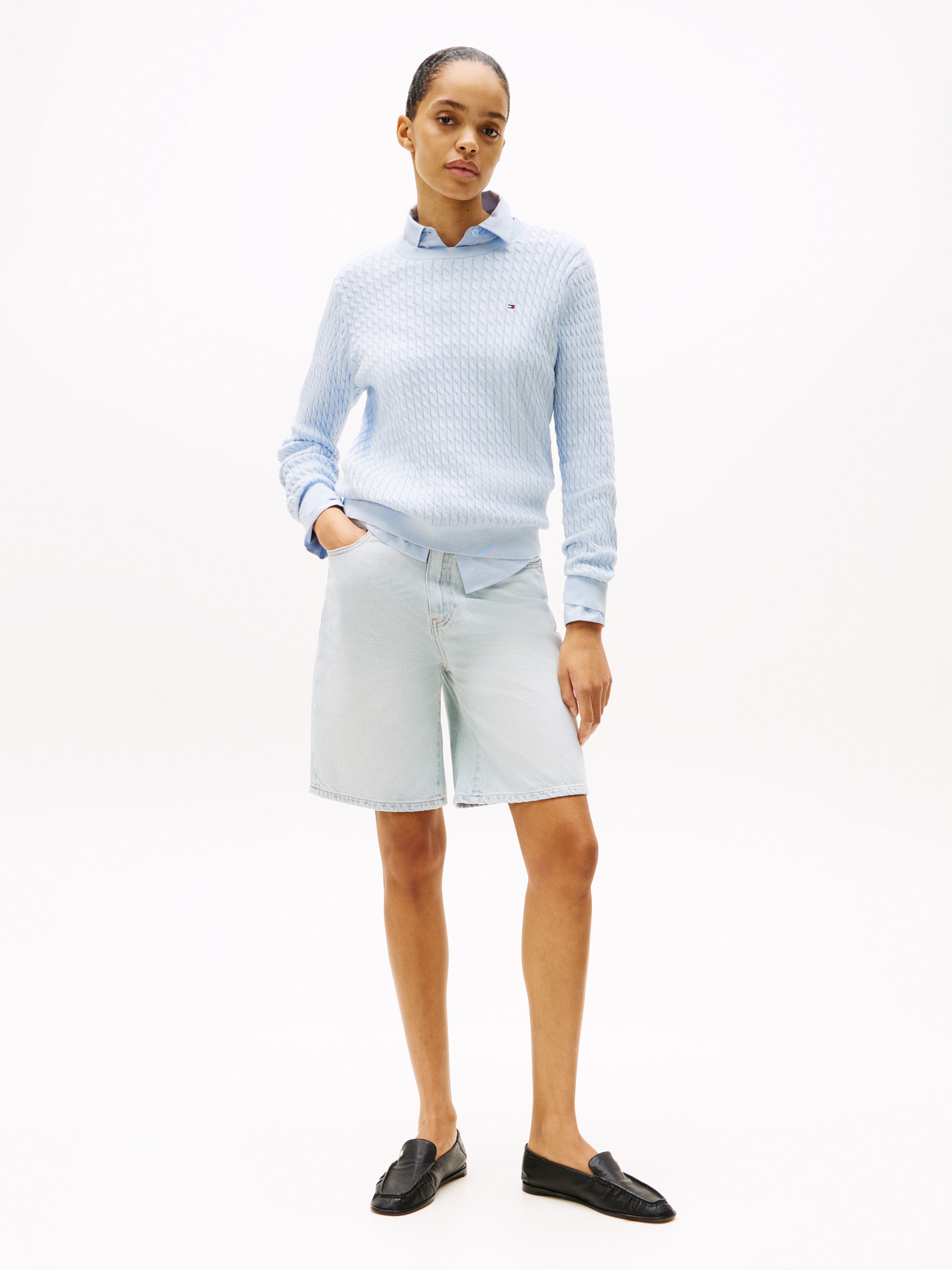 Tommy Hilfiger Rundhalspullover »CO CABLE C-NK LS SWEATER« Baumwolle, mit Zopfmuster, Regular Fit