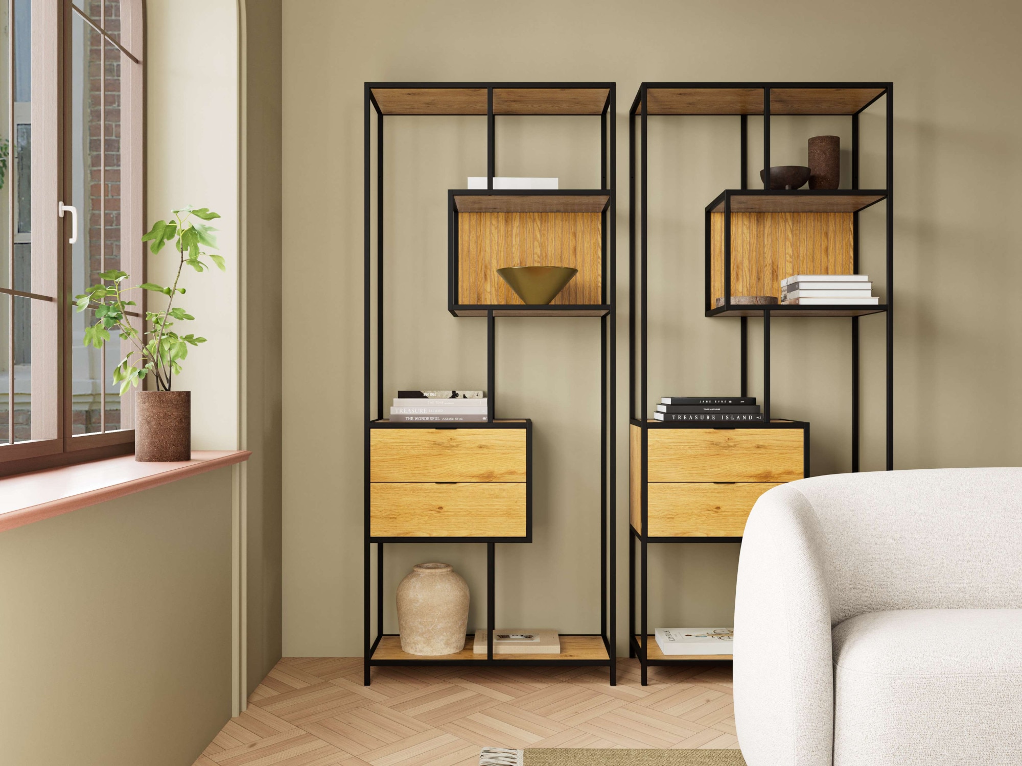 ACTONA GROUP Regal »Seaford, Standregal, Regal, Raumteiler« 77x35x185 cm,  schwarzer Stahlrahmen, 2 Schubladen, Wendemodul, Breite 77 cm