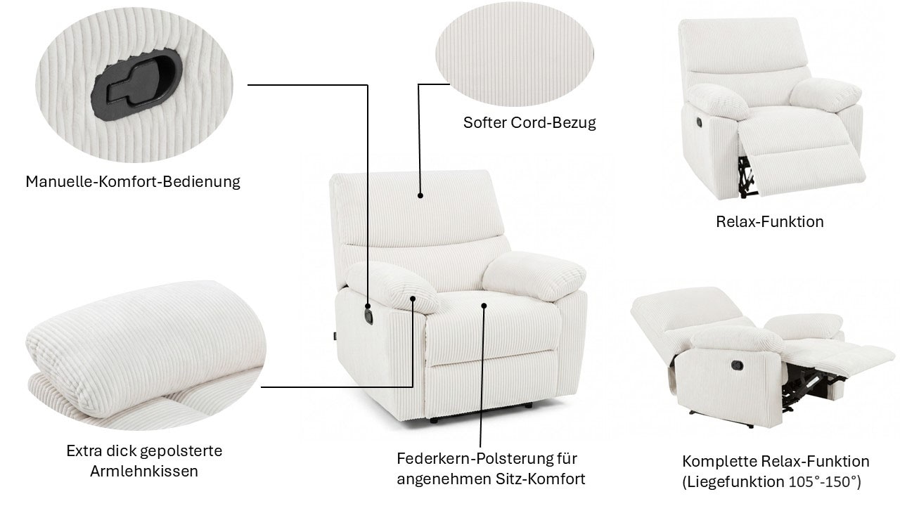 Home affaire Relaxsessel »LANNOY, TV-Sessel, elektr. o. manuelle Relaxfunktion, USB A/C,« Sessel mit Liegefunktion 105°-150°, Federkernpolsterung