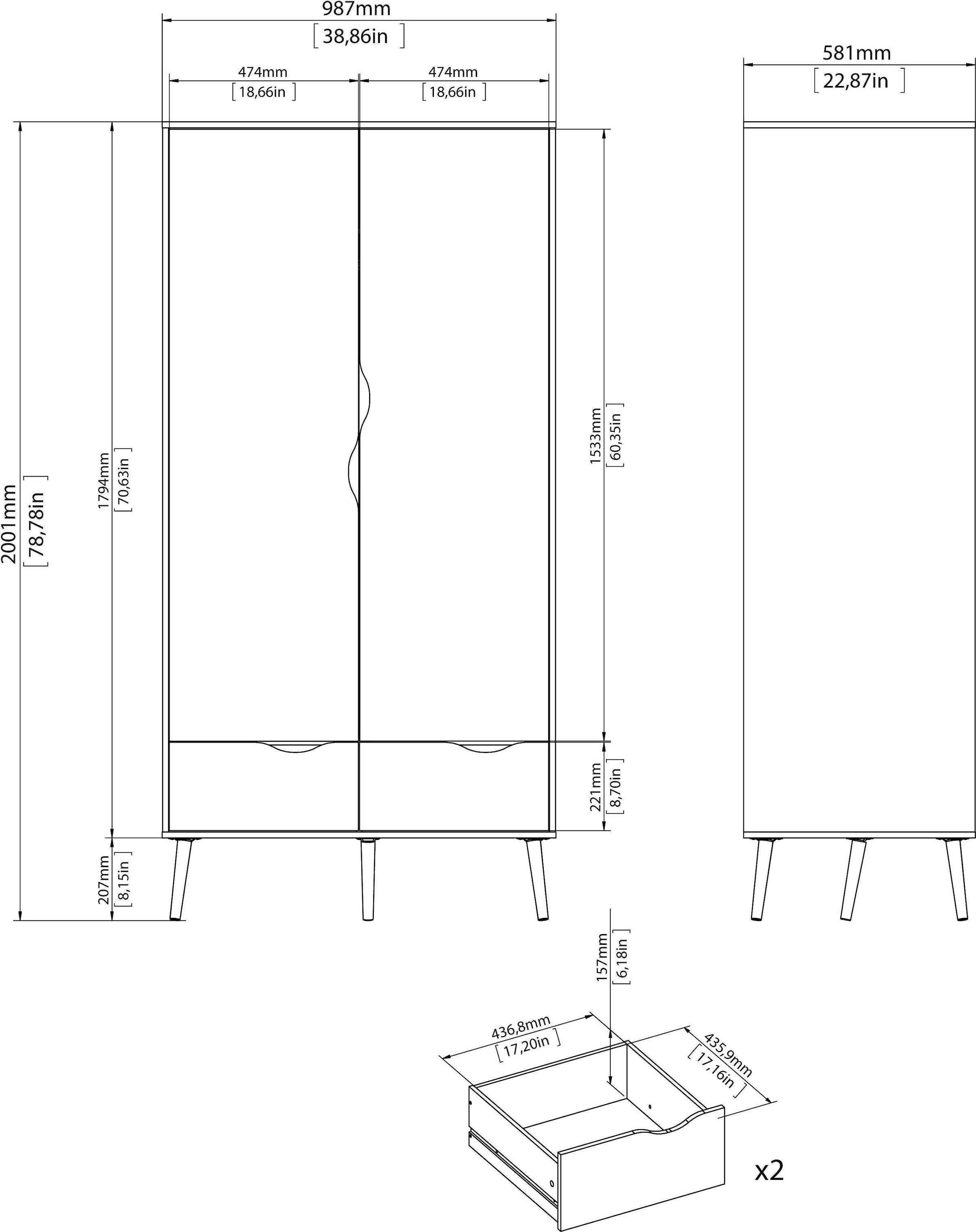 andas Drehtürenschrank »Oslo, Kleiderschrank mit Schubkästen, Stauraum«, mit 2 oder 3 Türen, Breite 99 oder 150 cm, Höhe je 200 cm