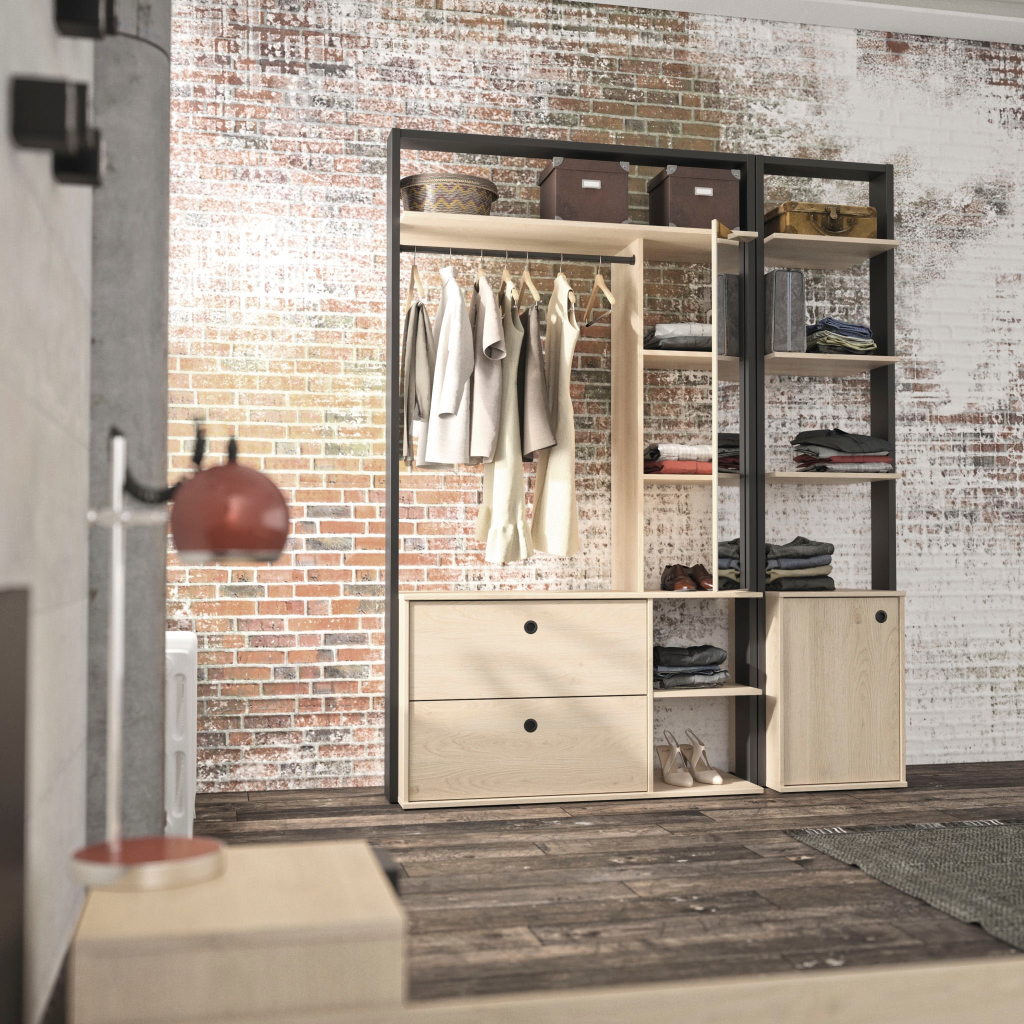 Gami Jugendzimmer-Set »Duplex«, (6 tlg., Bett, 2x offenes Schranksystem, Schreibtisch, Kommode, Hochbett)