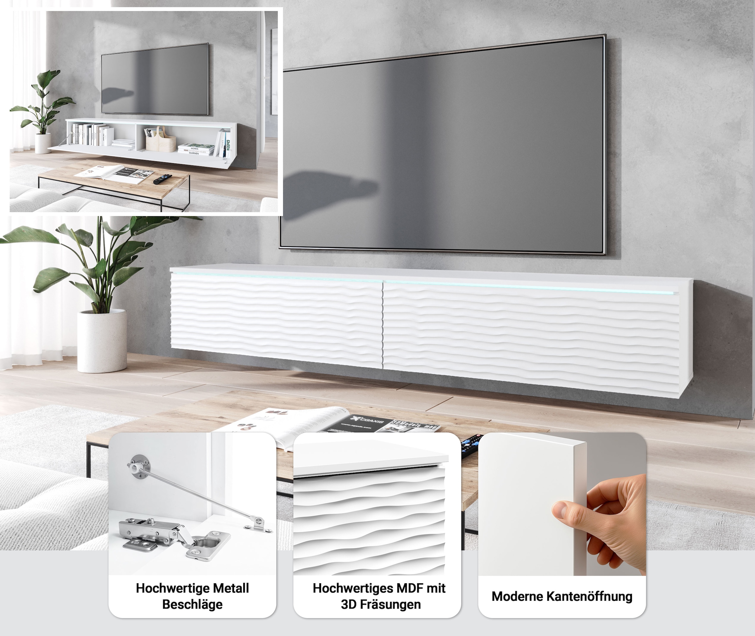 INOSIGN Lowboard »Vera, wahlweise mit oder ohne Beleuchtung« gefräste MDF Front mit 3D Effekt, stehend und hängend montierbar