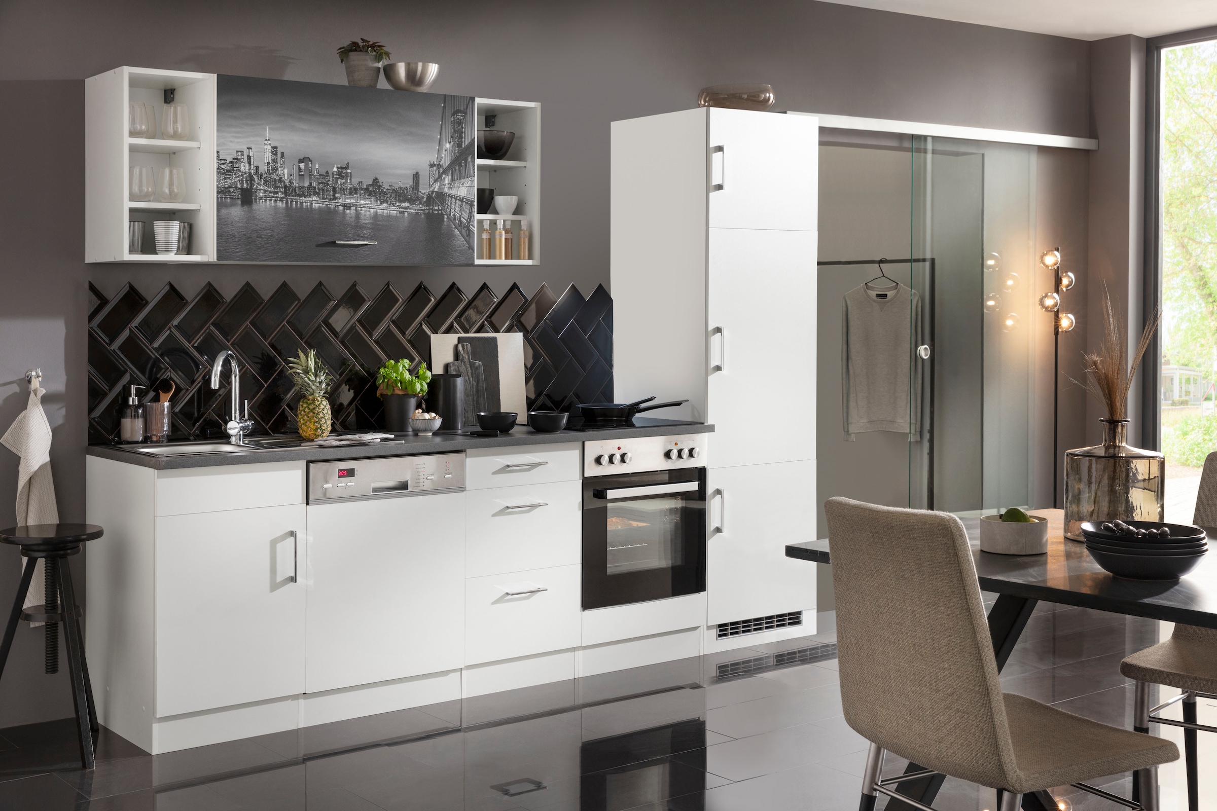 KOCHSTATION Küchenzeile »KS-Paris – Küchen mit einzigartigen Fotomotiven auf den Fronten« Breite 280 cm, wahlweise mit E-Geräten, mit Motivdruck