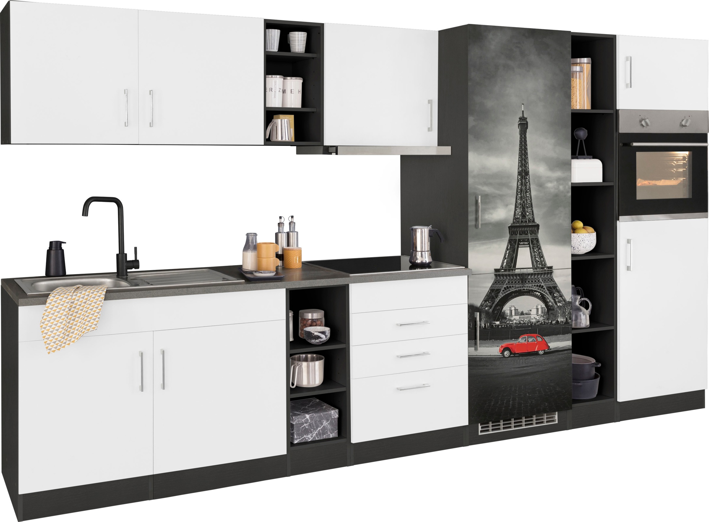KOCHSTATION Küchenzeile »KS-Paris«, mit E-Geräten, Breite 340 cm, mit großer Kühl-Gefrierkombination