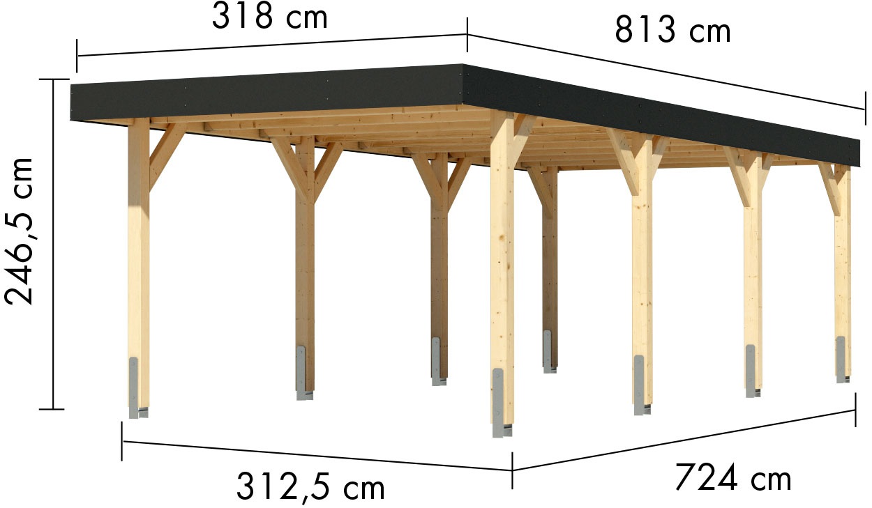 Karibu Einzelcarport Leimholz 288 cm naturbelassen aus kesseldruckimprägniertem Massivholz