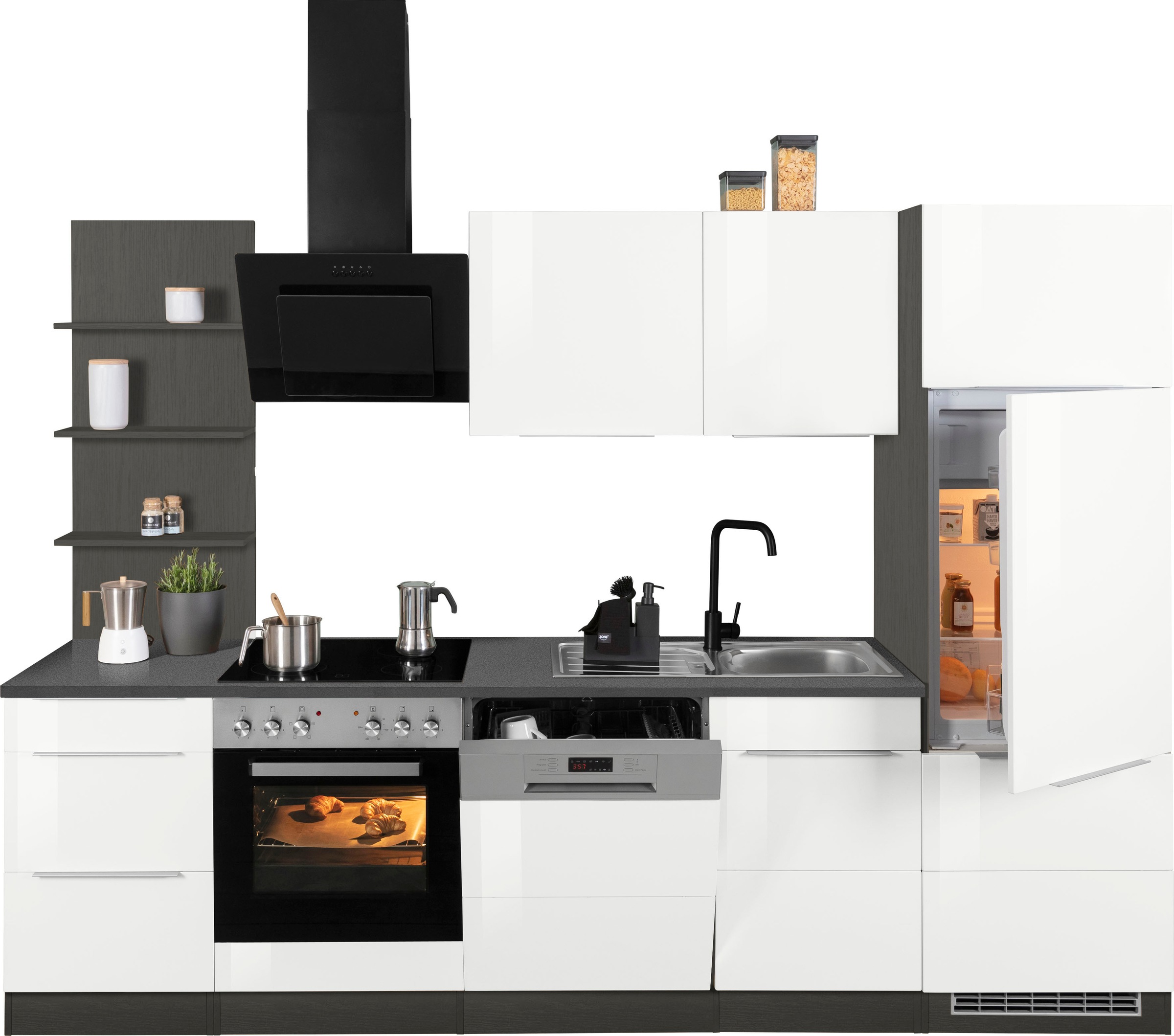 KOCHSTATION Küchenzeile »KS-Brindisi«, Breite 280 cm, wahlweise mit E-Geräten, mit MDF-Fronten und Regal