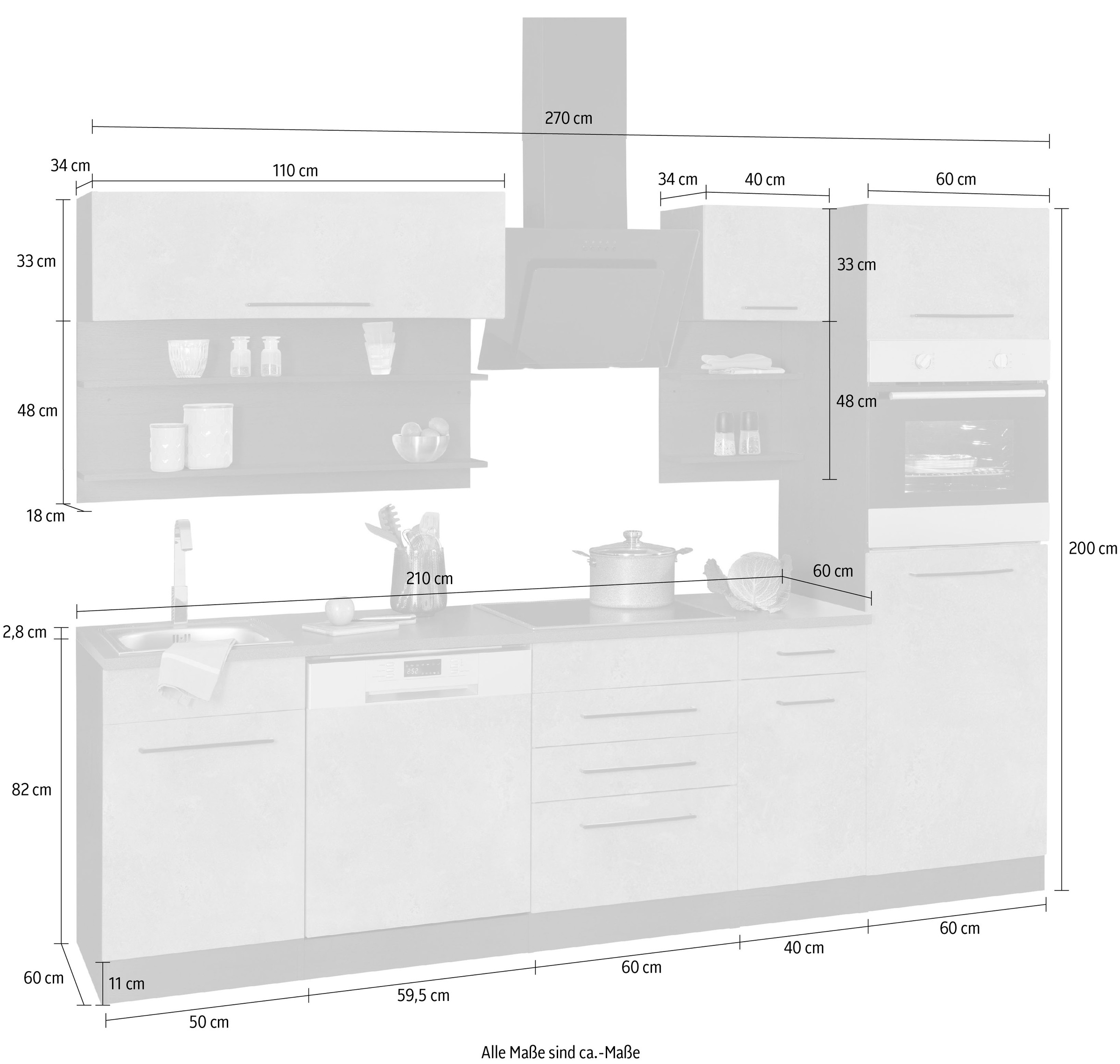 KOCHSTATION Küchenzeile »KS-Tulsa«, mit E-Geräten, Breite 270 cm, schwarze Metallgriffe, MDF Fronten