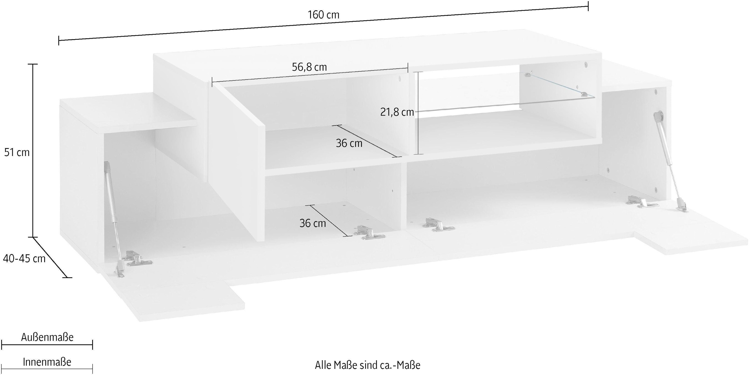 INOSIGN Lowboard »Coro,Lowboard,TV-Kommode,TV-Möbel,TV-Bank«, mit 2 Klappen, 1 Tür, 1 Glasboden, Breite 160