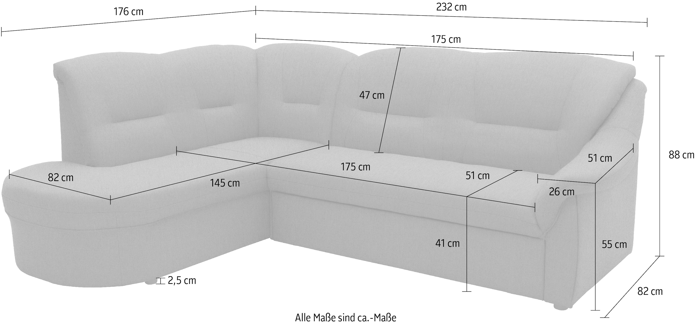DOMO collection Ecksofa »Faenza für kleine Räume, Stellmaße 232,176cm, komfortabel, L-Form«, mit Ottomane, zeitlos, elegante Armlehnen, wahlweise mit Bettfunktion