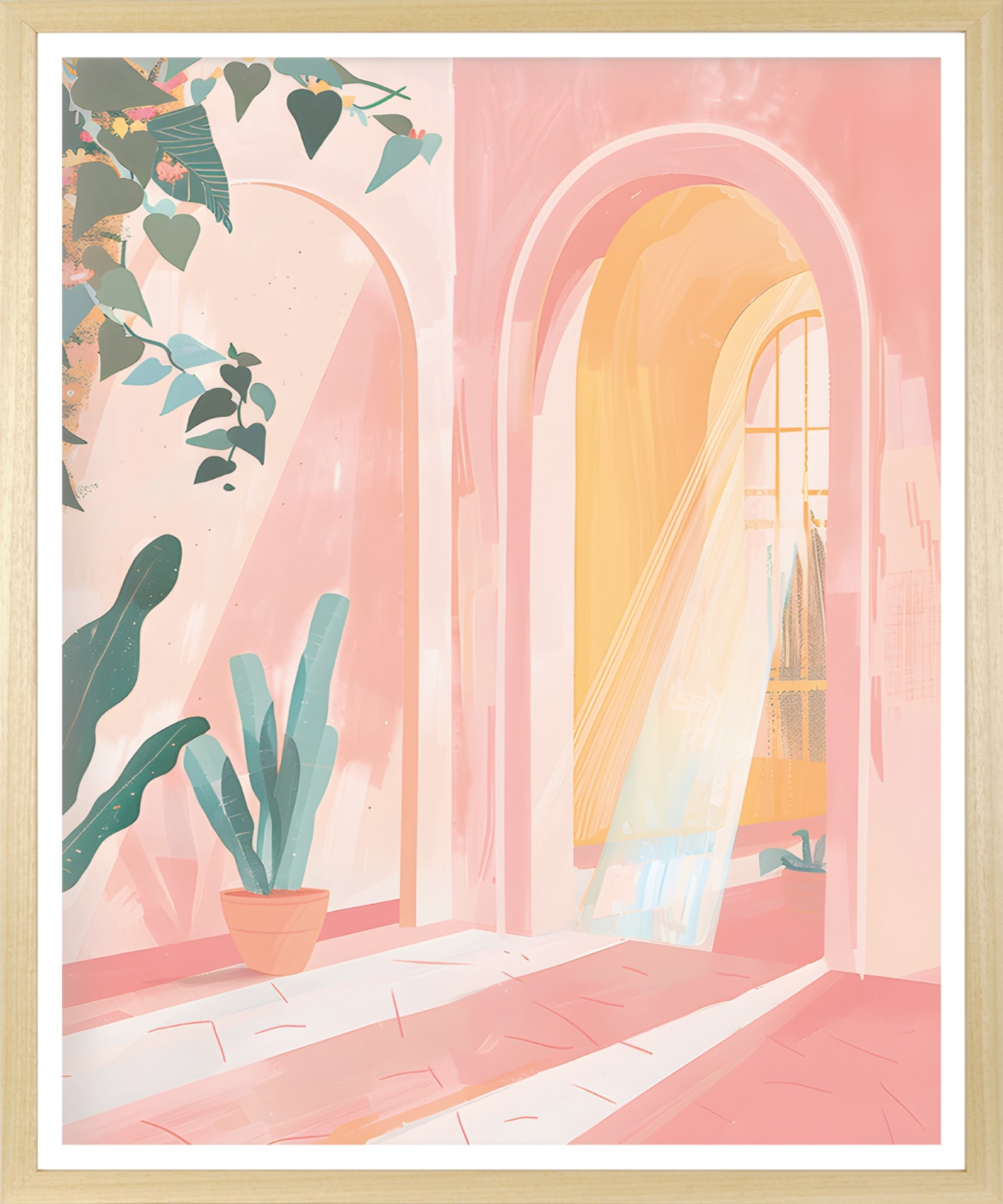 queence Bild mit Rahmen »Warme Sonnenstrahlen« Blätter | Blätterbilder | Fenster & Türen | Gemälde | Kunst 1 Stk. tlg. Kunstdruck in Pastell mit einem Echtholzrahmen