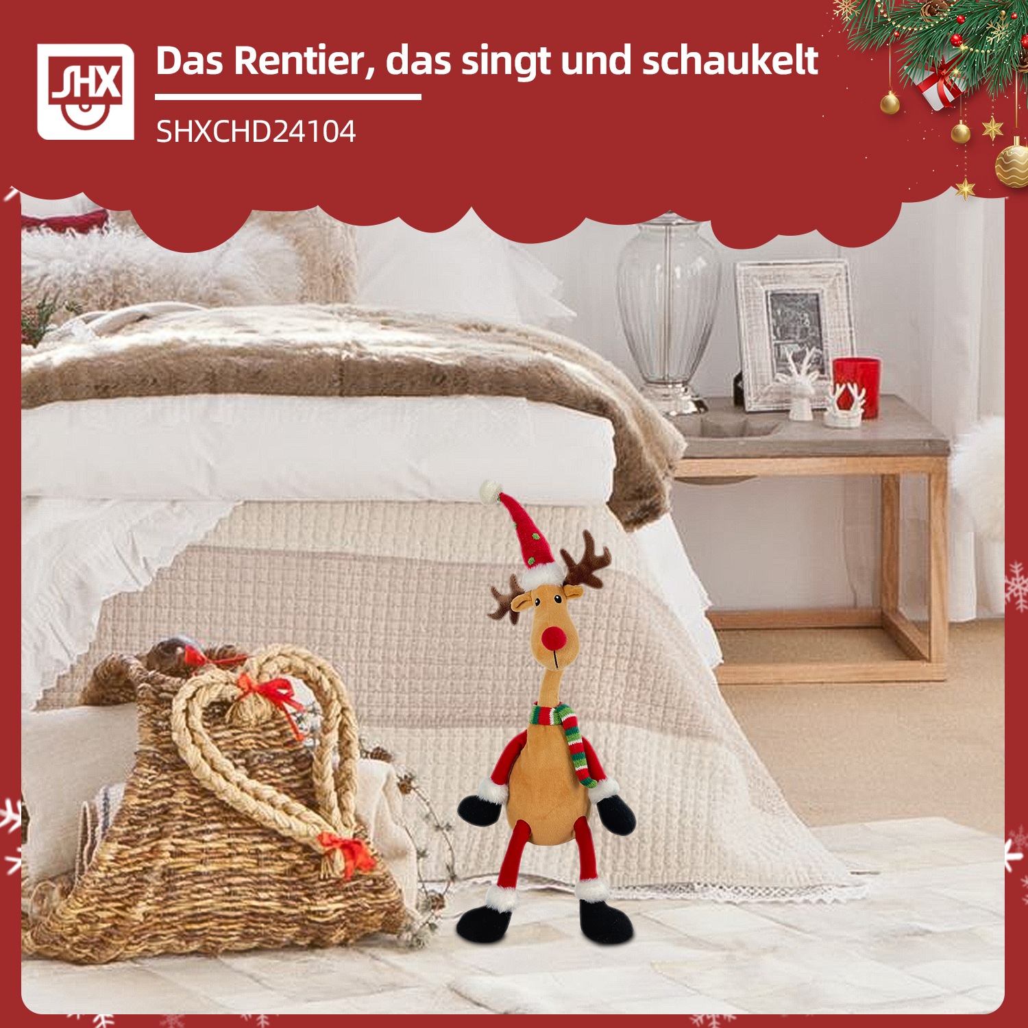 SHX Weihnachtsfigur »Singendes und schaukelndes Rentier«, Bewegung, lebhafte Musik, Schallsensor