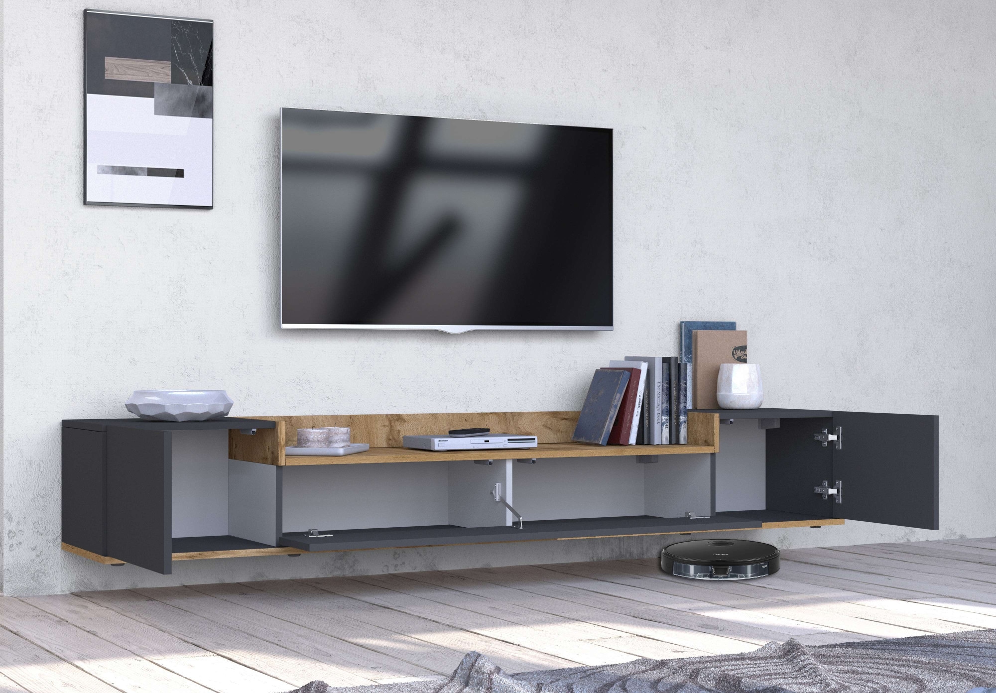 OTTO home Lowboard »BOLSENA,TV-Kommode, TV-Möbel,TV-Bank, 4 Fächer und offenes Ablagefach« 1 Stk. tlg. stehend/hängend montierbar, Made in Italy, B/T/H: 200 × 35 × 31,2 cm