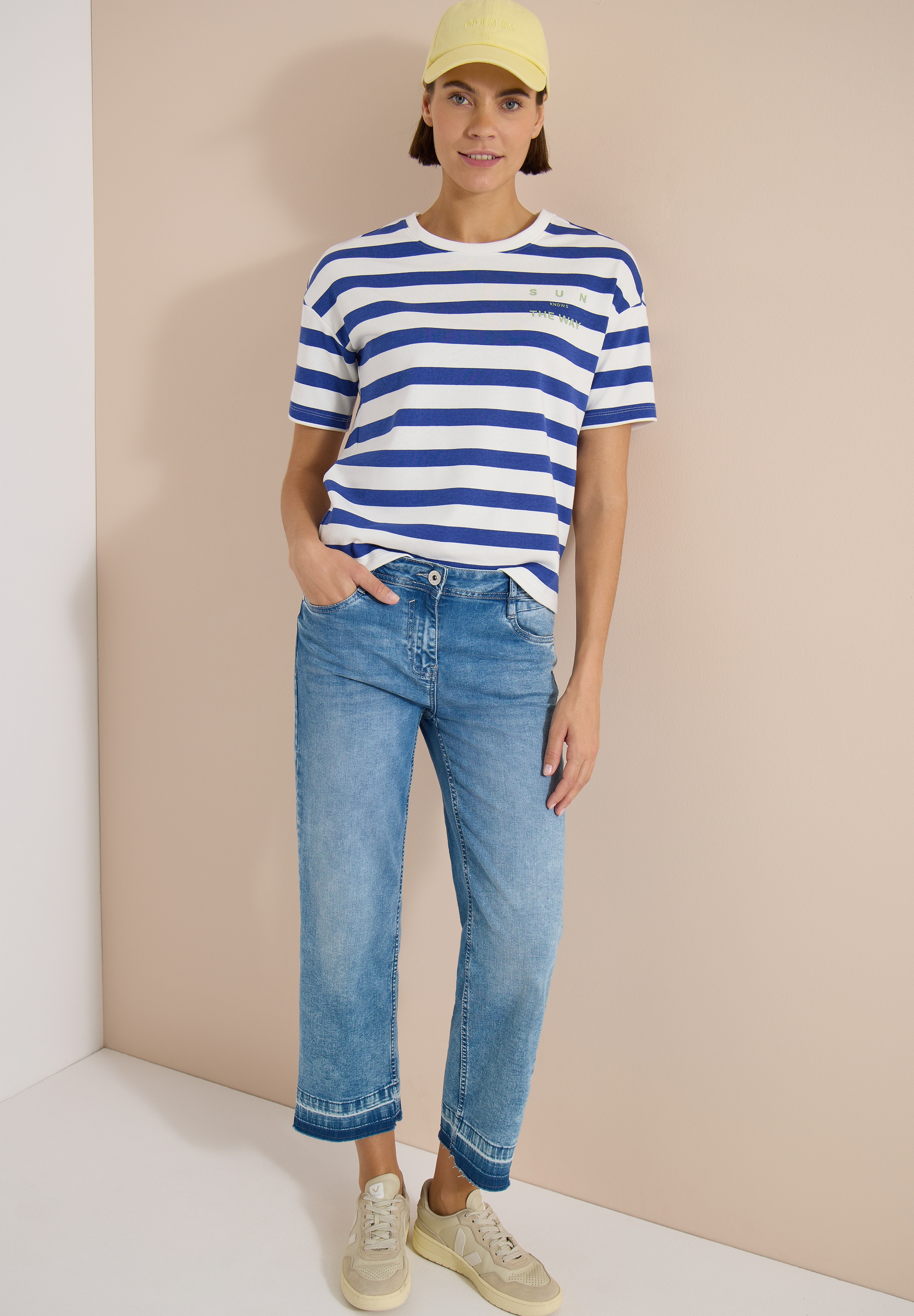 Cecil Kurzarmshirt Sommershirt mit Streifen und Wording-Detail