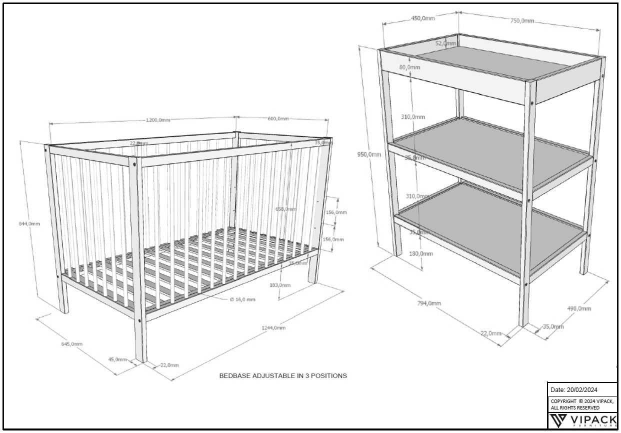 Vipack Babymöbel-Set »Dino ist das ideale Start Set für Ihr Kind aus massiver Buche«, (2 tlg.), Babybett u. Wickelregal inkl., wahlweise in 3 Farben erhältlich