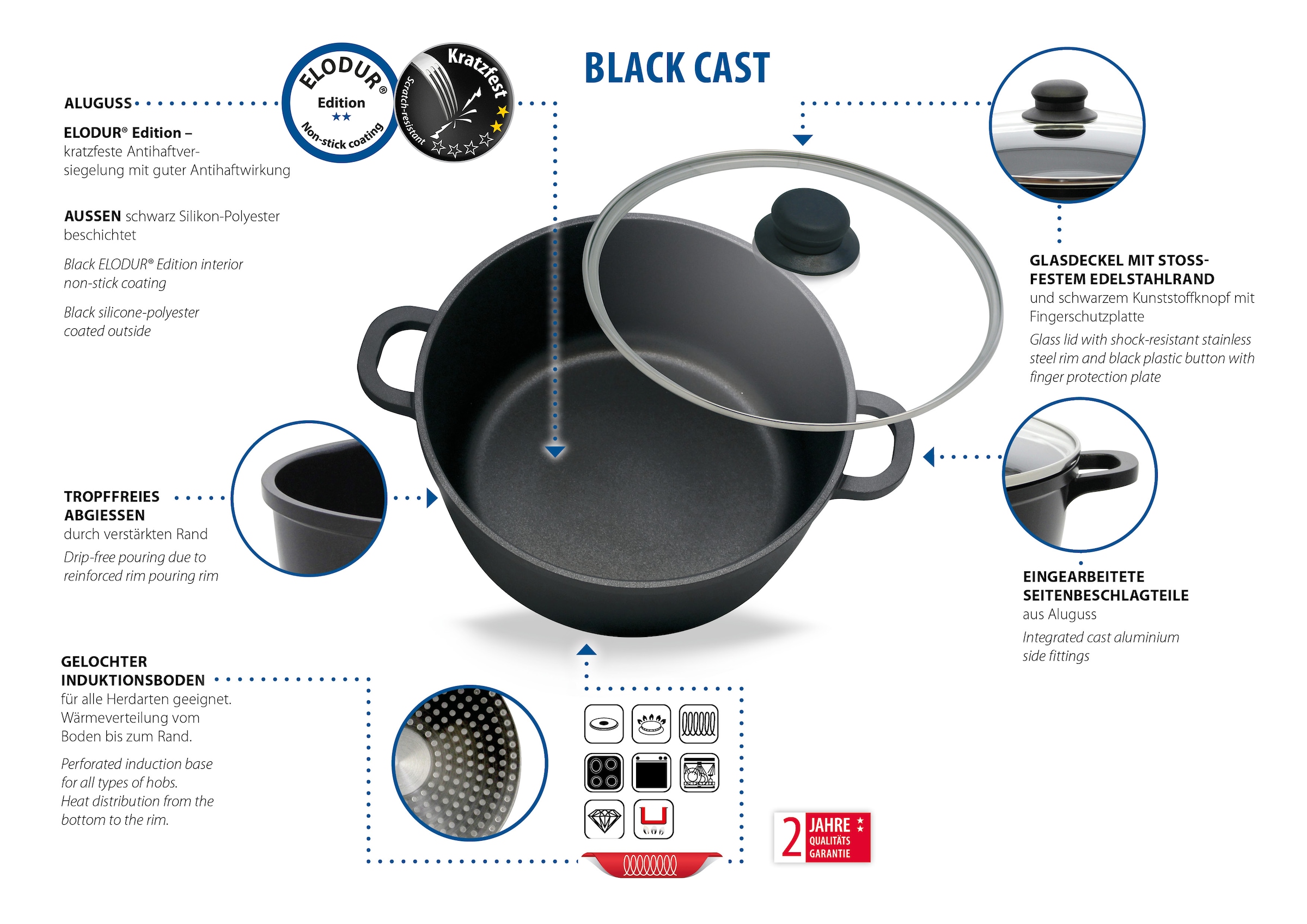 Elo Basic Topf-Set »Black Cast« Set, 3 Töpfe mit Deckel, 1 Stielkasserolle, 7 Stk. tlg. Aluminiumguss