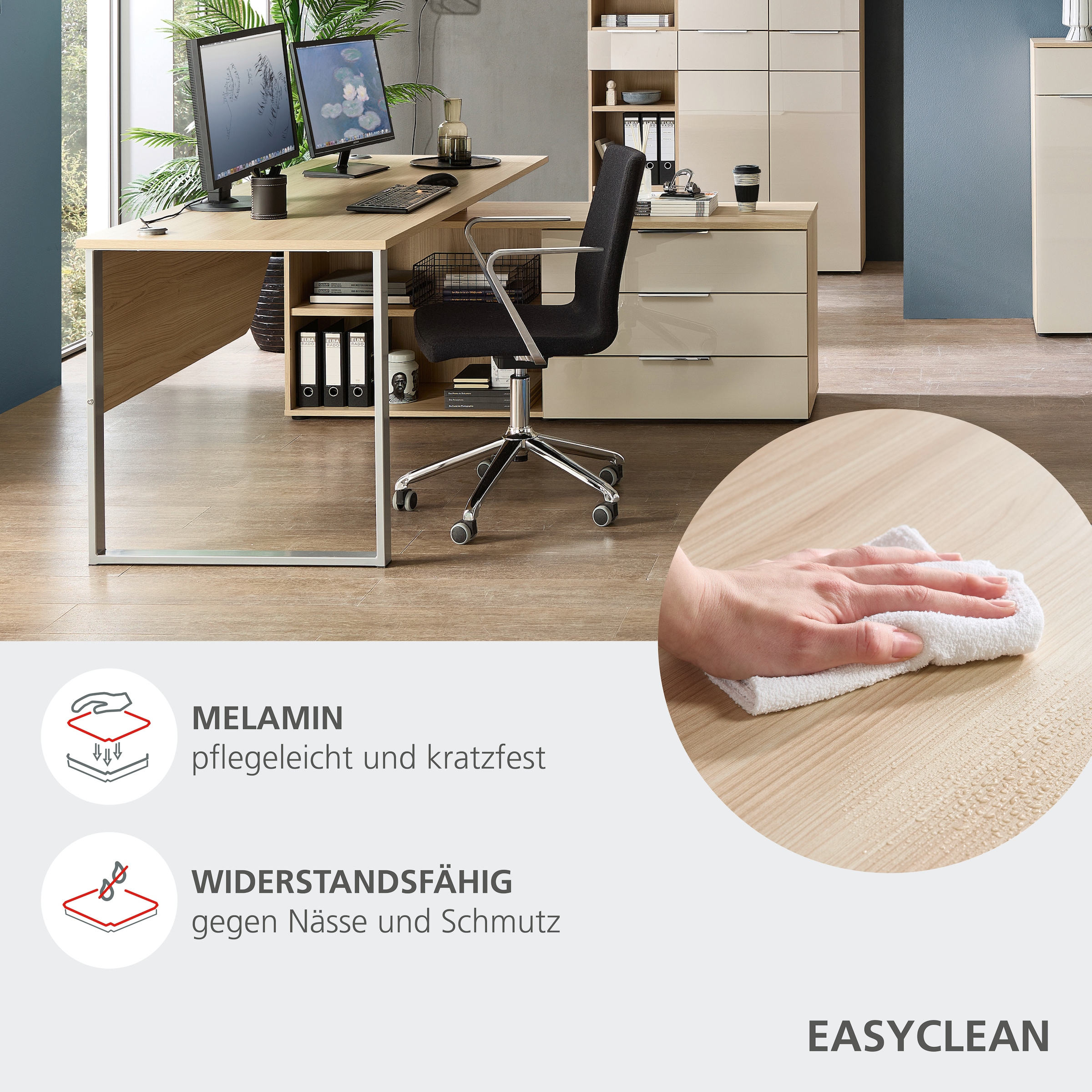 Innostyle Schreibtisch »Schreibtisch Santorin, 180/77/160 cm ( B/H/T)« 1 Stk. tlg. Tischplatten: kratzfest und wasserfest, 3 Schubladen, 2 Fächer