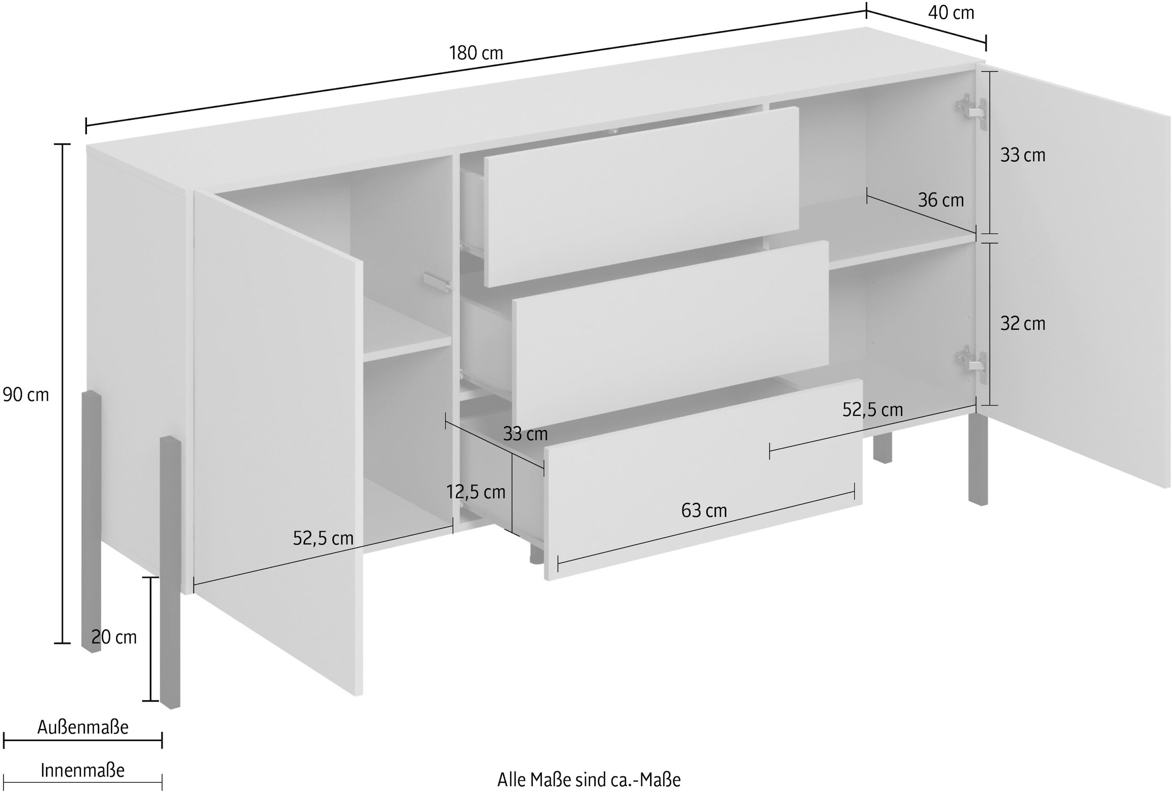 INOSIGN Sideboard »Jukon, Breite 150 bzw.180 cm, moderne grifflose Kommode«, Schubladenschrank 2 Türen/3 Schubkästen, push-to-open-Funktion