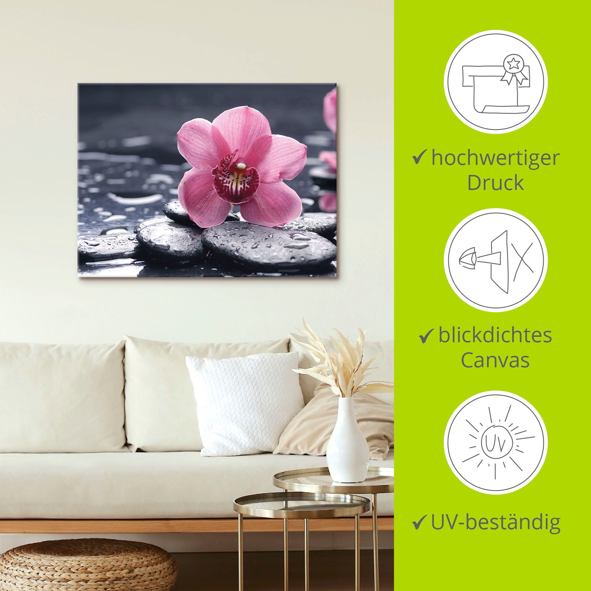 Artland Wandbild »Stillleben mit Kiesel und einer Orchidee« 1 Stk. tlg. als Alubild, Outdoorbild, Leinwandbild, Poster, Wandaufkleber