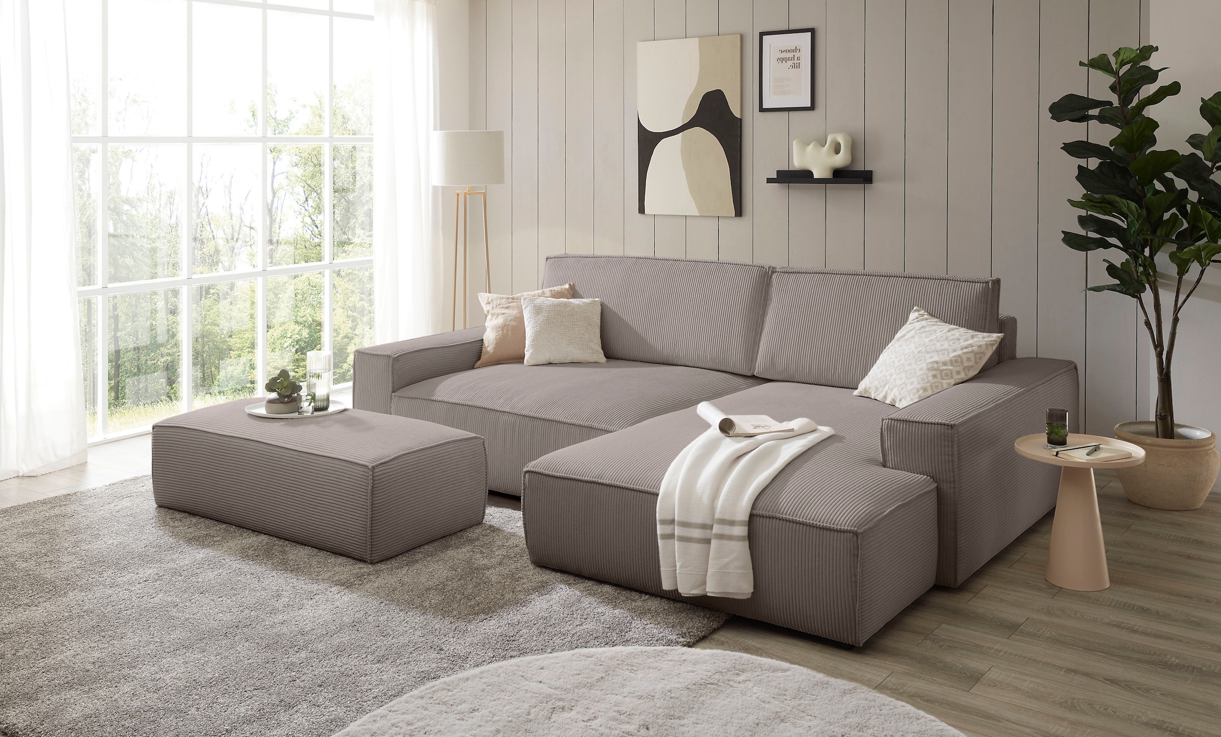 Home affaire Polsterecke »NEU: SHERWOOD XXL tief, L-Form mit Schlaffunktion, Big-Sofa mit Hocker«, (Set, 2 St.), stellbar zum Schlafsofa (Krokodilverbinder), Cord, Leinenoptik