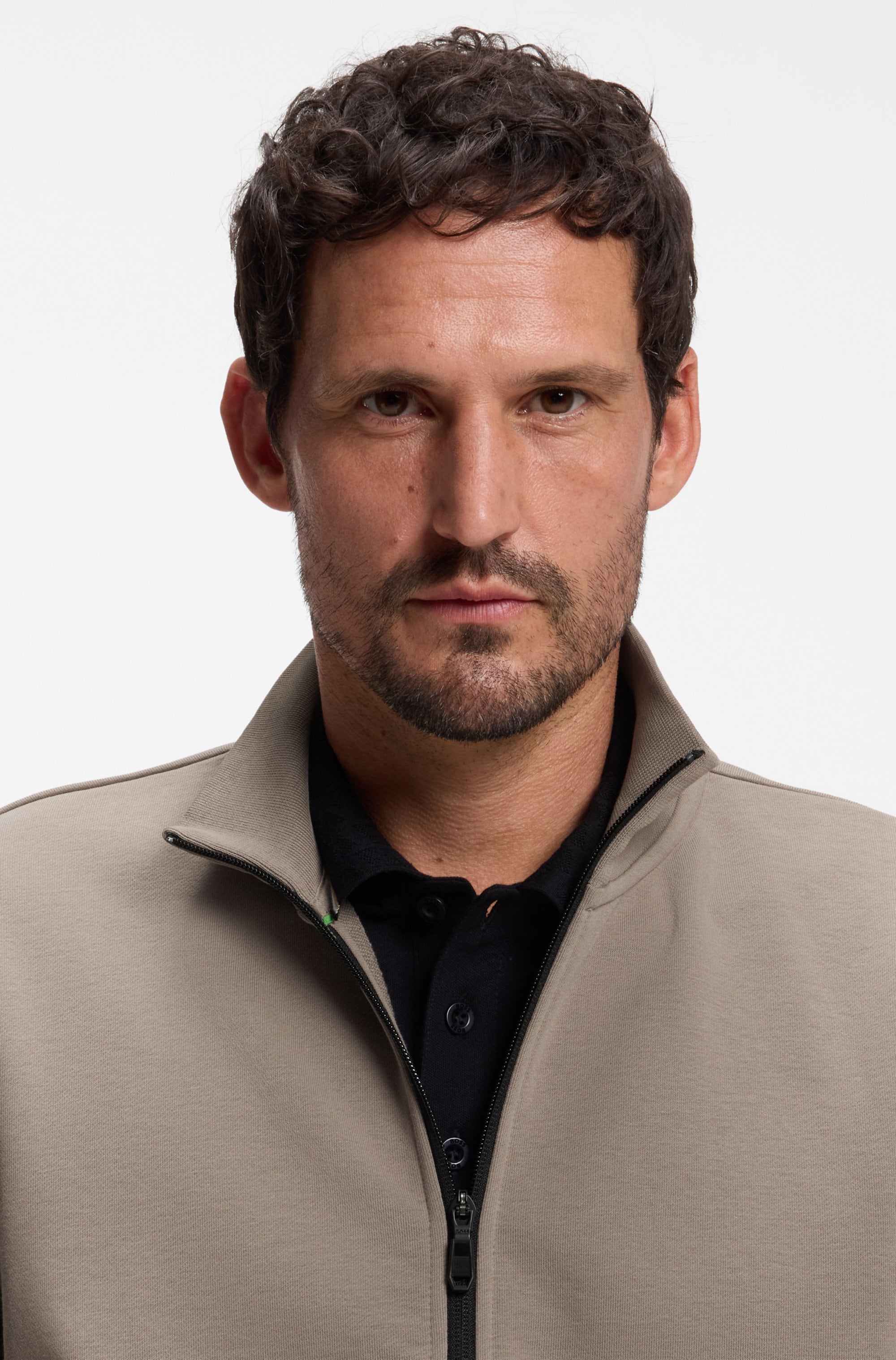 BOSS GREEN Sweatjacke Stehkragen, Relaxed Fit, Rippbündchen