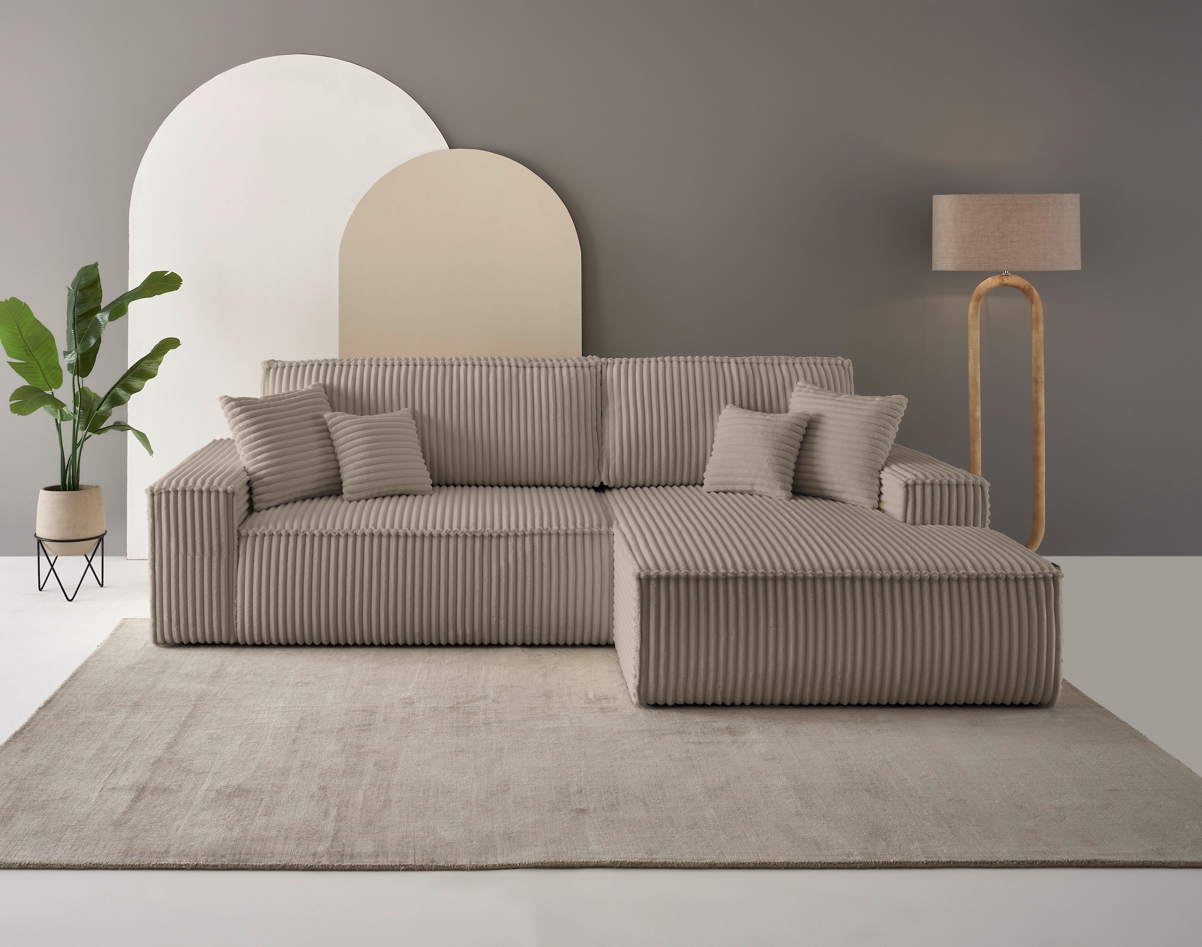 andas Ecksofa »Finnley Schlafsofa 267 cm in Bouclé, Struktur fein u. Cord, L-Form,«, Schlaffunktion m. Bettkasten (136/210 cm), Bouclé, Struktur und Cord