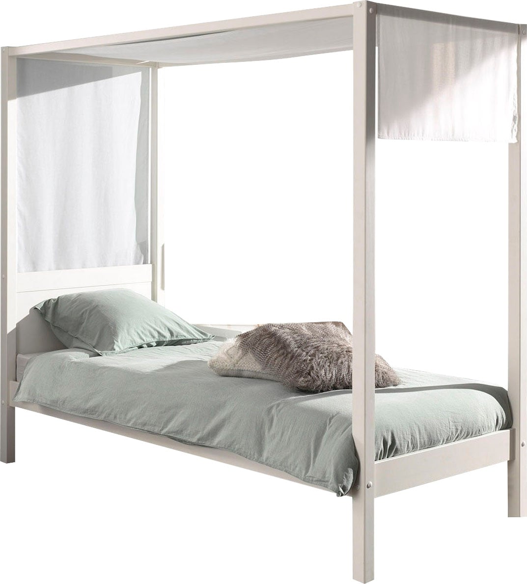 Vipack Himmelbett »Pino, Kiefer massiv weiß lackiert, Made in Europe, zeitloses Design«, (B/H/T ca. 208x191x148cm, inkl. Rolllattenrost, 2 Breiten zur Auswahl), wahlweise mit Textil-Himmel