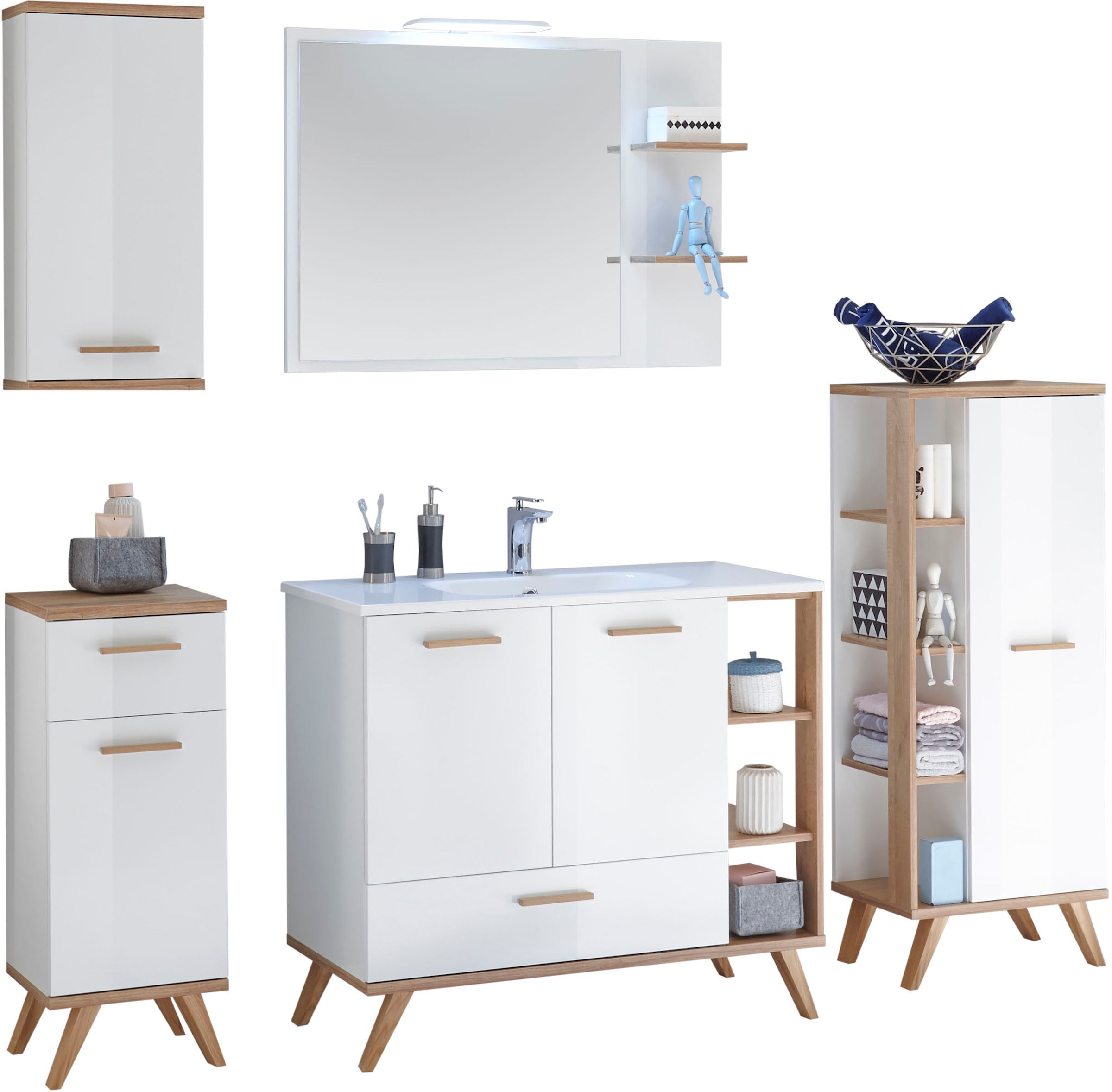 Saphir Badmöbel-Set »Quickset Mineralmarmor-Waschtisch mit LED-Spiegel, Unterschrank«, (7 St.), Hängeschrank, Midischrank, 5 Türen, 2 Schubladen, 7 Glas-Einlegeböden