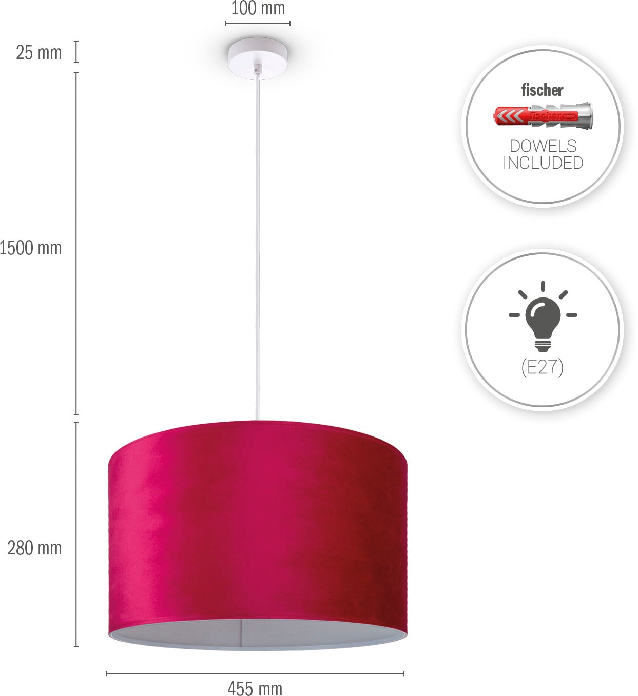 Pendelleuchte aus OTTO Velour Lampenschirm bei Kabel Home Color«, bestellen Wohnzimmer 1,5m uni Unifarben Deko »Hugo Paco E27