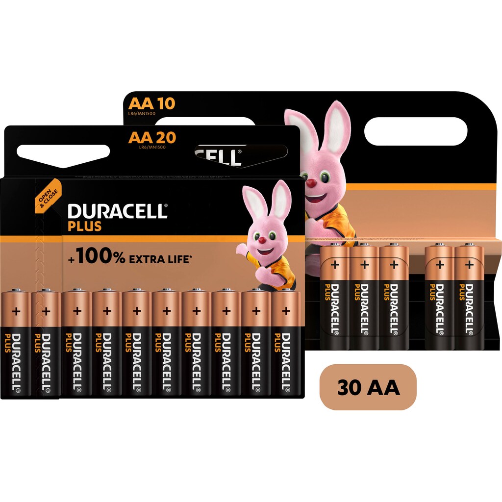 Duracell Batterie »20+10 Pack: 30x Mignon/AA/LR06«, LR06, (30 St., Alkaline Batterie, 30 Stück)