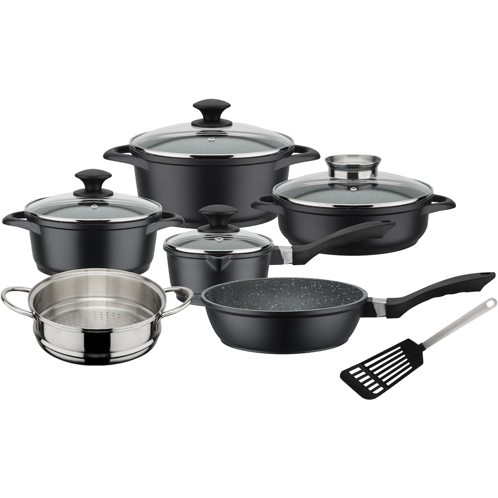 GSW Topf-Set »Gourmet Granit«, Aluminiumguss, (Set, 11 tlg., Kochtopf 20/24, Stieltopf 16, 2 Pfannen 24cm, 1 Dämpfer, Pfannenwender)