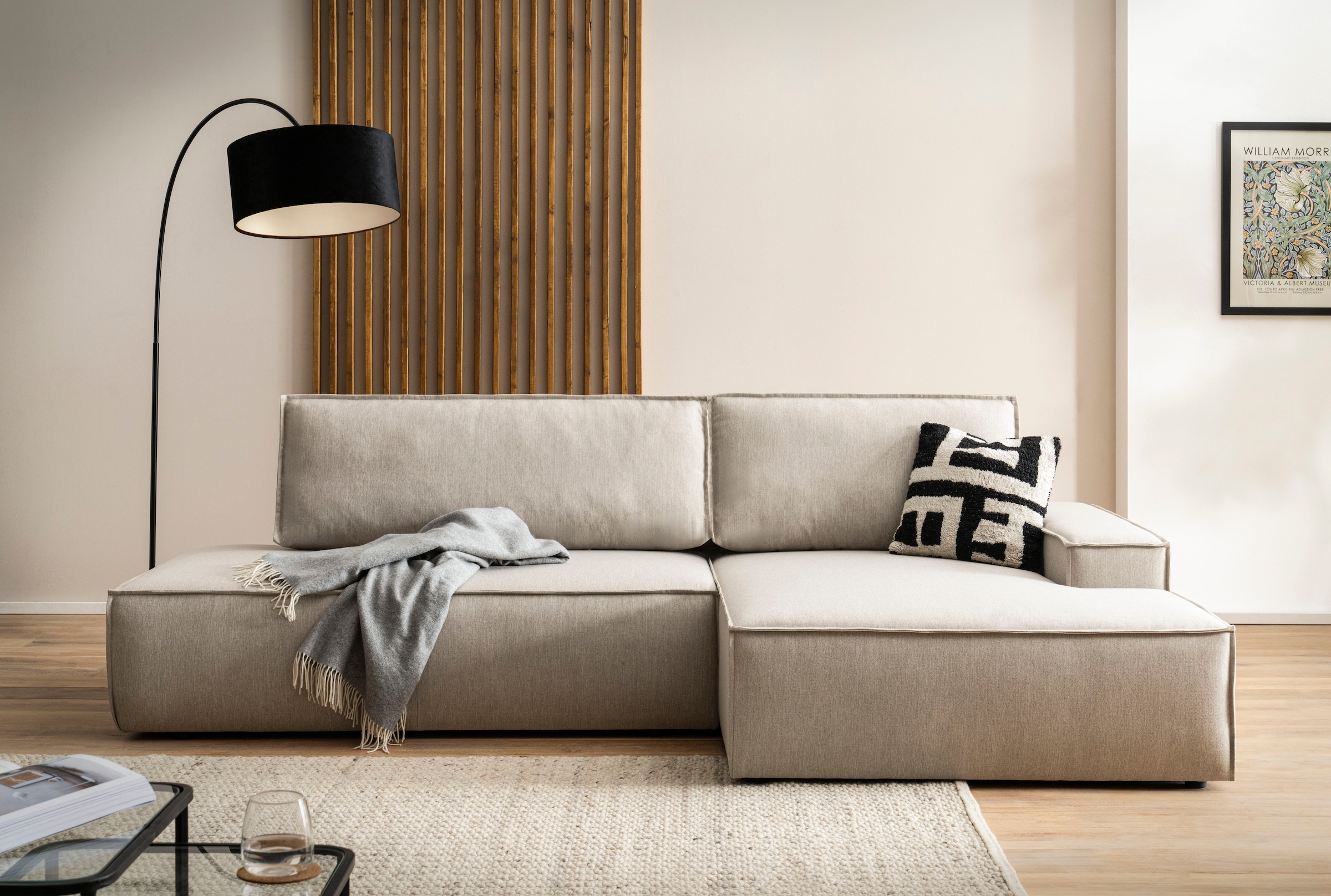 OTTO home Ecksofa »SHERWOOD Leinenoptik  Schlafsofa in L-Form offen (275cm)« Schlaffunktion und Bettkasten, Kedernaht, hoher Sitz- & Liegekomfort,