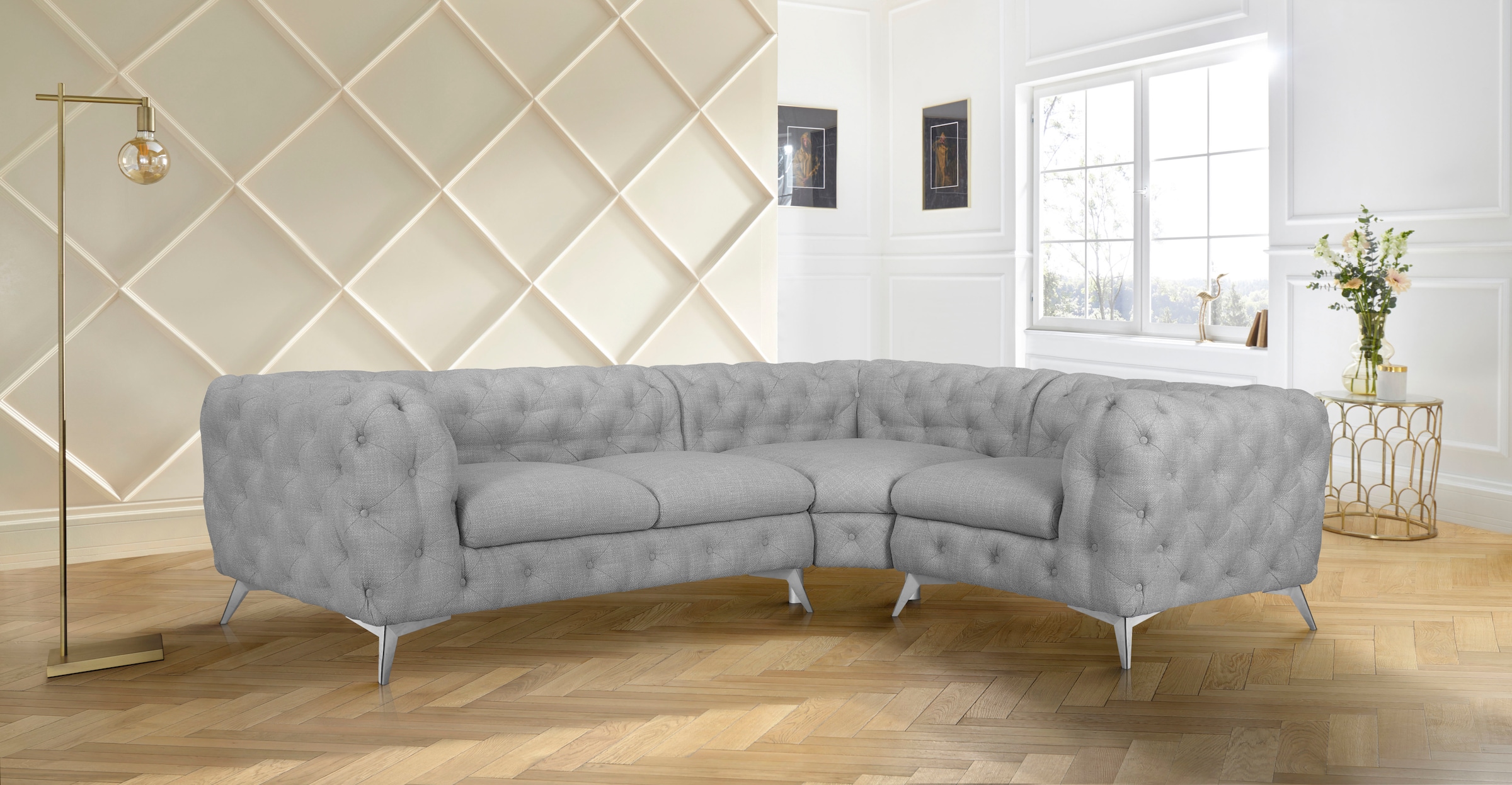 Leonique Chesterfield-Sofa »Ecksofa GLYNIS L-Form mit Wellenunterfederung, Maße B/T/H 264/204/75cm«, aufwändige Knopfheftung, moderne Chesterfield Optik, Fußfarbe wählbar