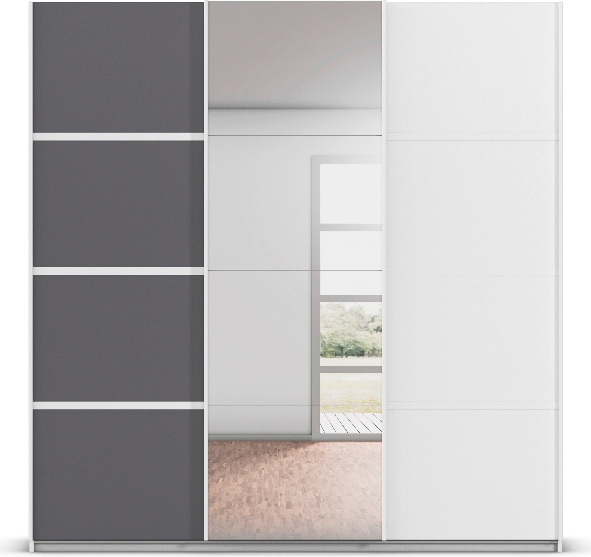 rauch Kleiderschrank »Schwebetürenschrank OTTO´s Choice Garderobe Schrank TOP ANGEBOT Avola«, (in 3 verschiedenen Ausstattungen BASIC/CLASSIC/PREMIUM inkl. Spiegel), mit eleganten Zierleisten in Chrom, Schwarz oder Weiß MADE IN GERMANY
