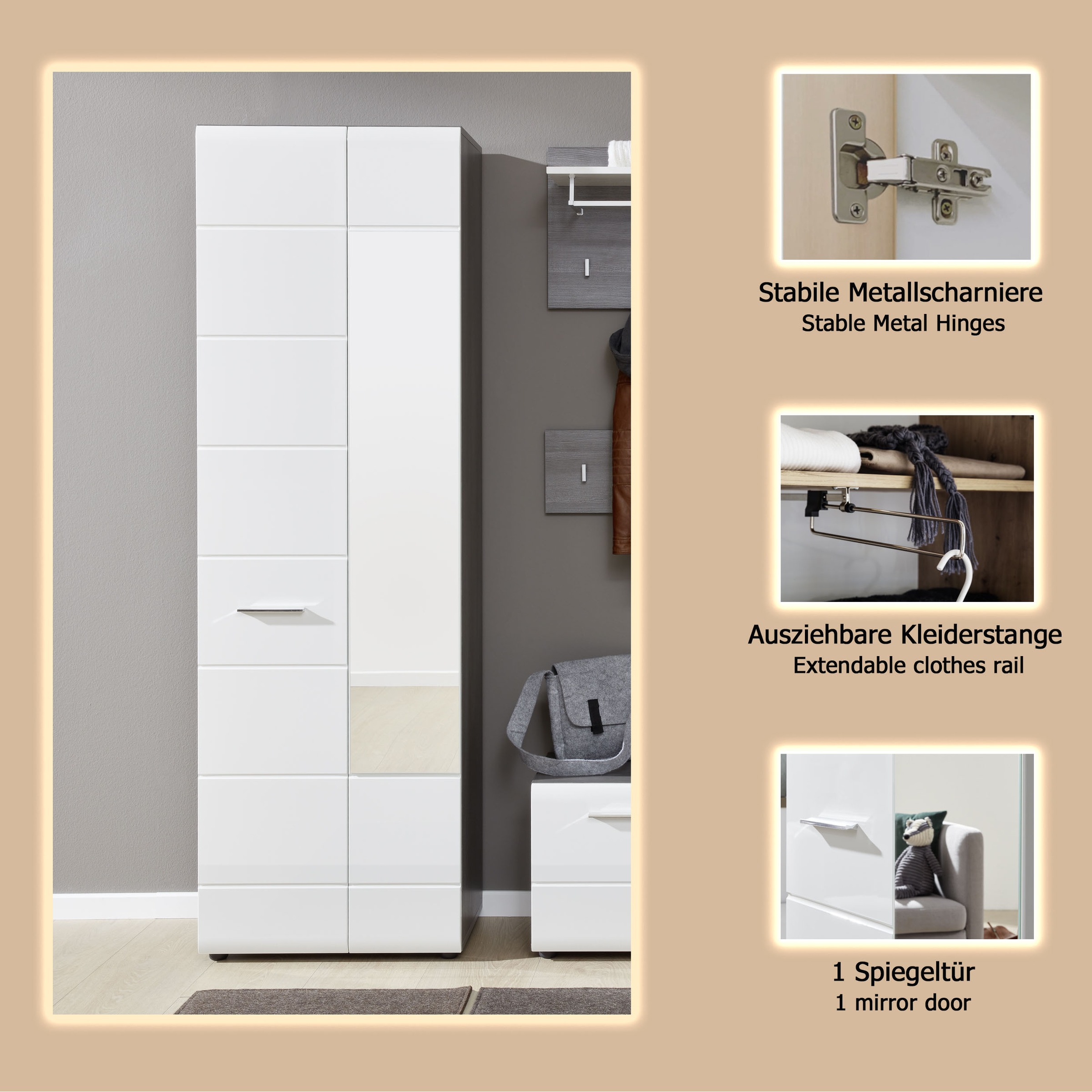 INOSIGN Garderobenschrank »Sovana«, Garderobenschrank mit 2 Türen & Spiegel - (B/T/H) 60/36/191 cm
