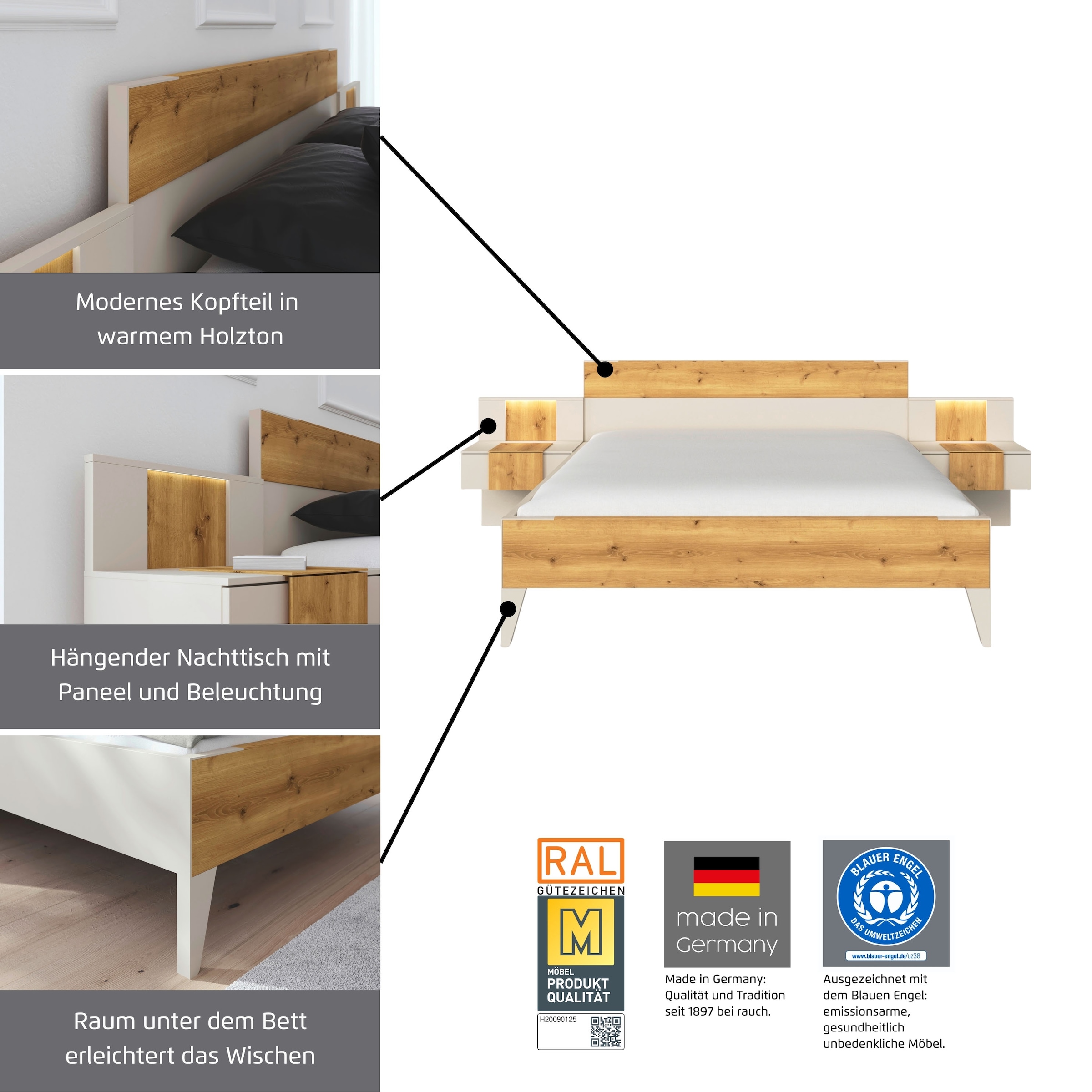rauch Bettanlage »Bett Doppelbett Komfortbett Schlafzimmer Nachttische KONA« Set, Bett 180x200 oder 200x200, 2x Hängenachttisch, 2x Paneele mit Bel., 5 tlg. tlg. Absetzung Asteiche massiv, inkl. SOFT-CLOSE-FUNKTION MADE IN GERMANY