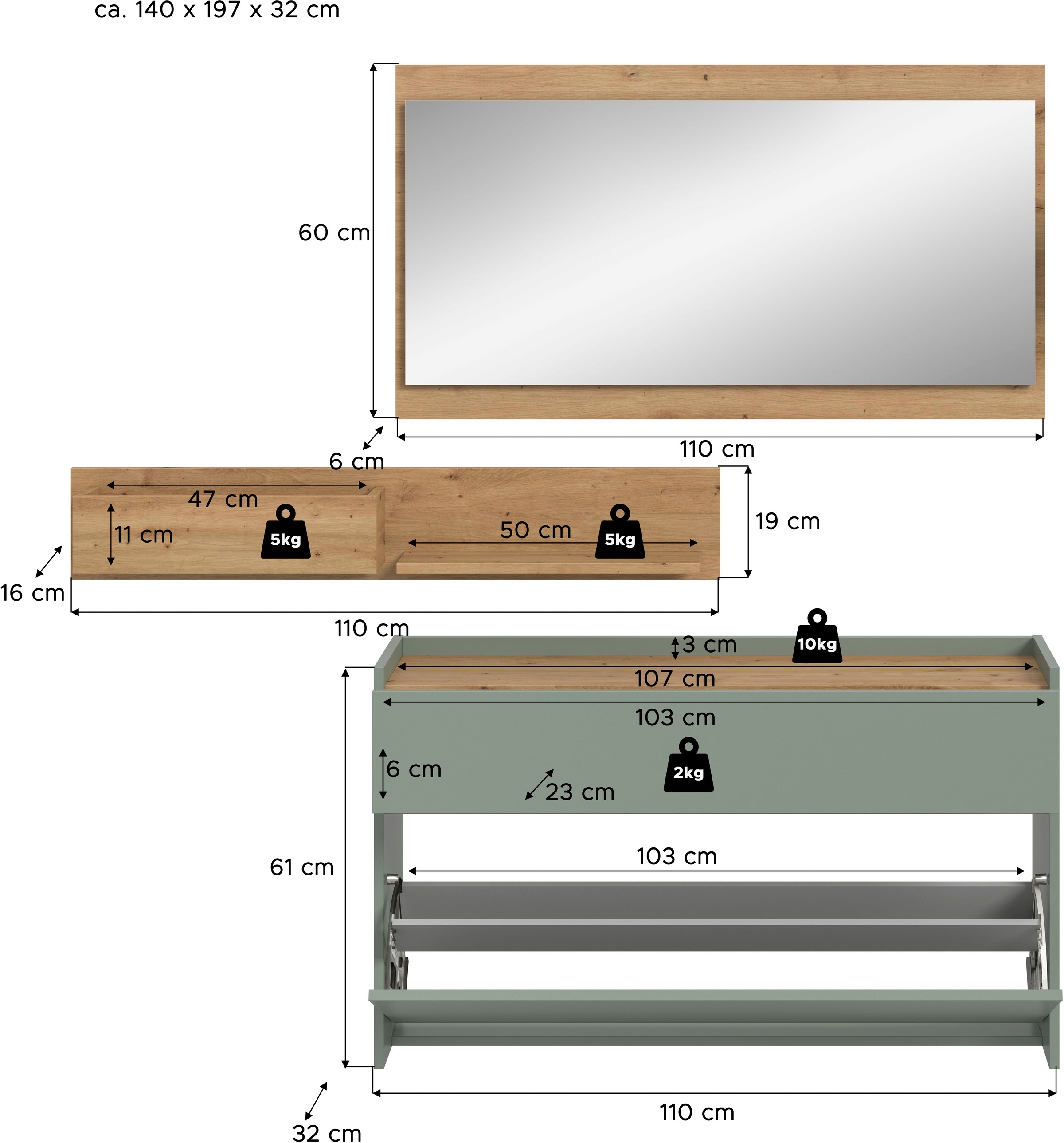 INOSIGN Garderoben-Set »EVRID, 3-teilig, Breite 140 cm, individuell hängbar & erweiterbar« best. aus: Kommode, Wandboard & Spiegel, 3 Stk. tlg.