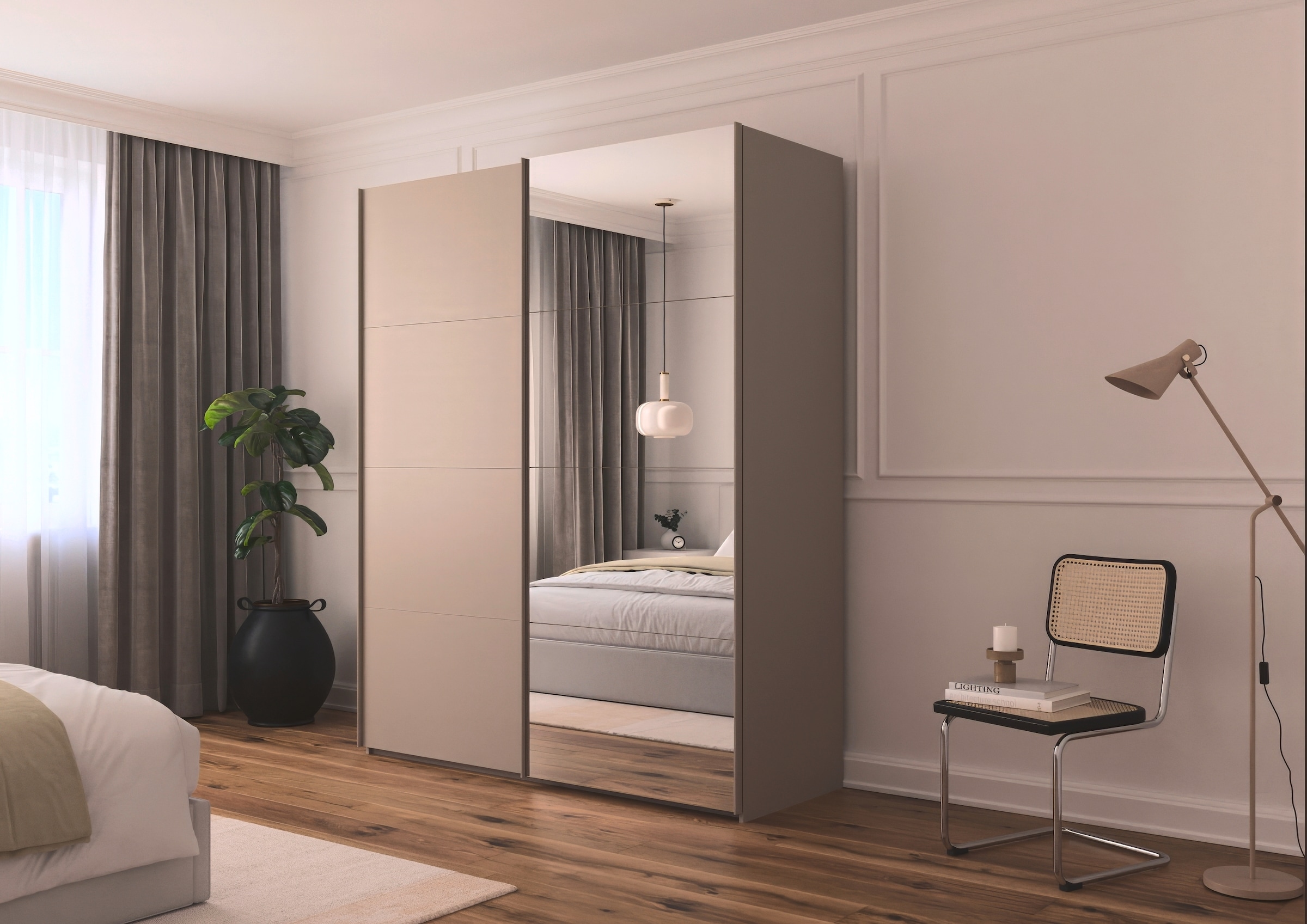 rauch Schwebetürenschrank »Kleiderschrank Schrank Garderobe Schlafzimmerschrank SCALE-FYRA« edle viergeteilte Türen mit Spiegel und vielen Farben MADE IN GERMANY