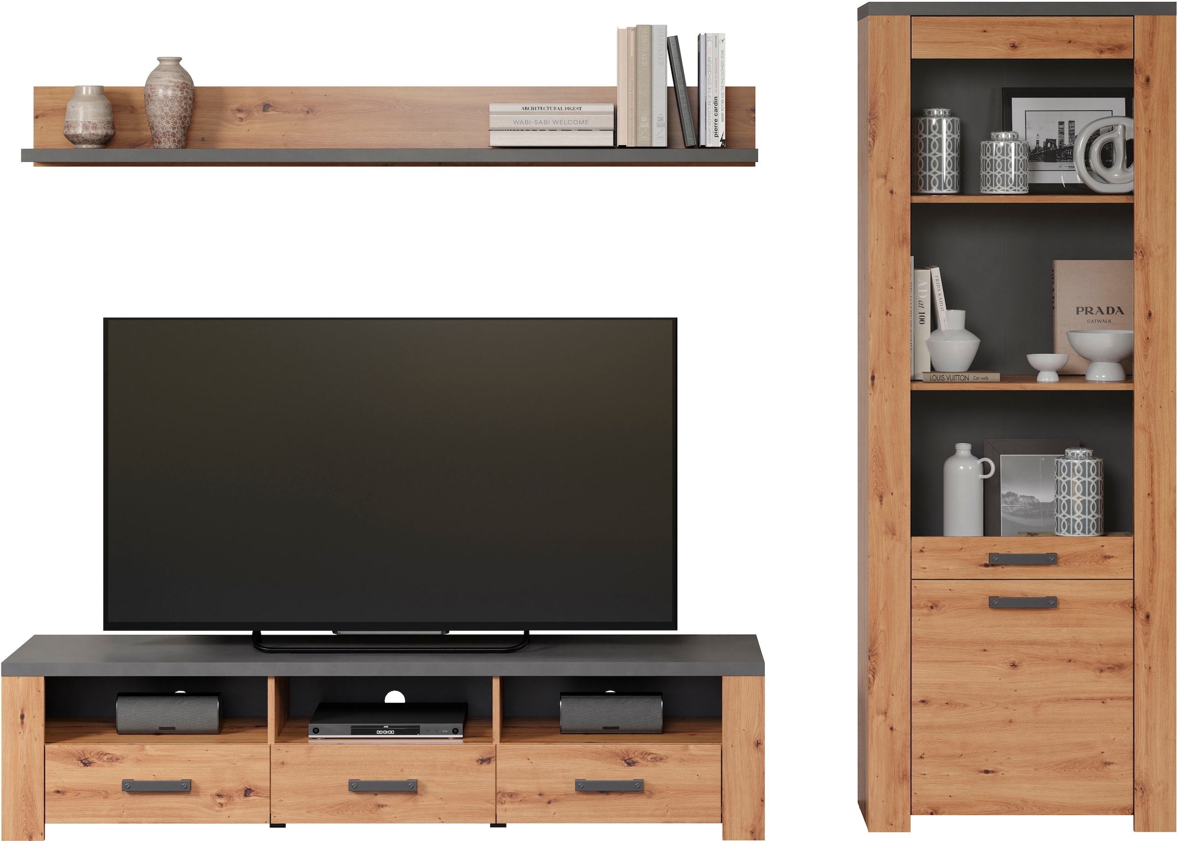 Home affaire TV-Wand »Ambres«, (3 St.), Kleines, modernes TV-SET, Echtholzoptik, Breite ca. 268 cm, matt