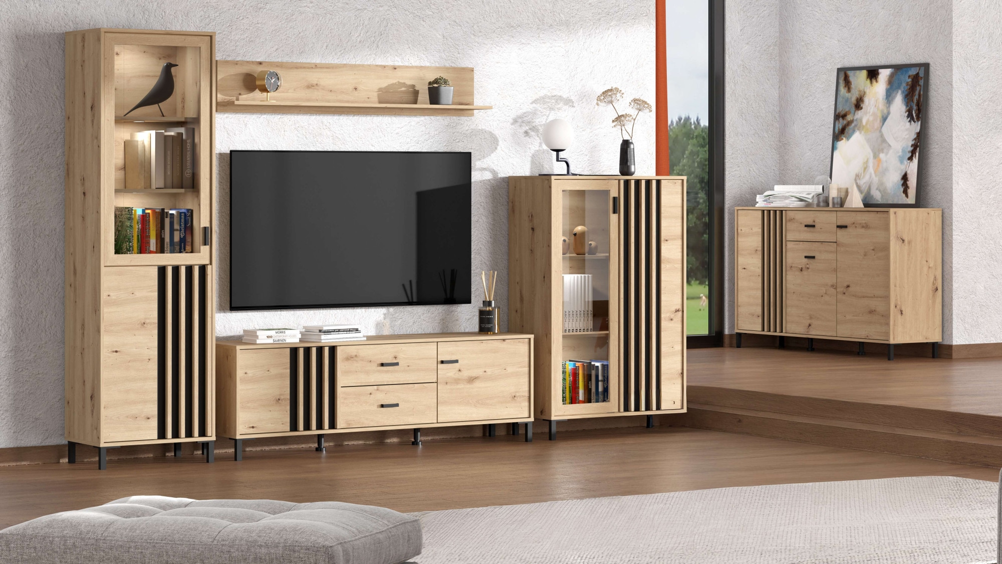 Home affaire Highboard »LAVAL, Hochkommode, Vitrine, Glasvitrine, Kombi-Highboard« Modernes Highboard in Artisan-Dekor mit Glasfront & Lamellen-Optik