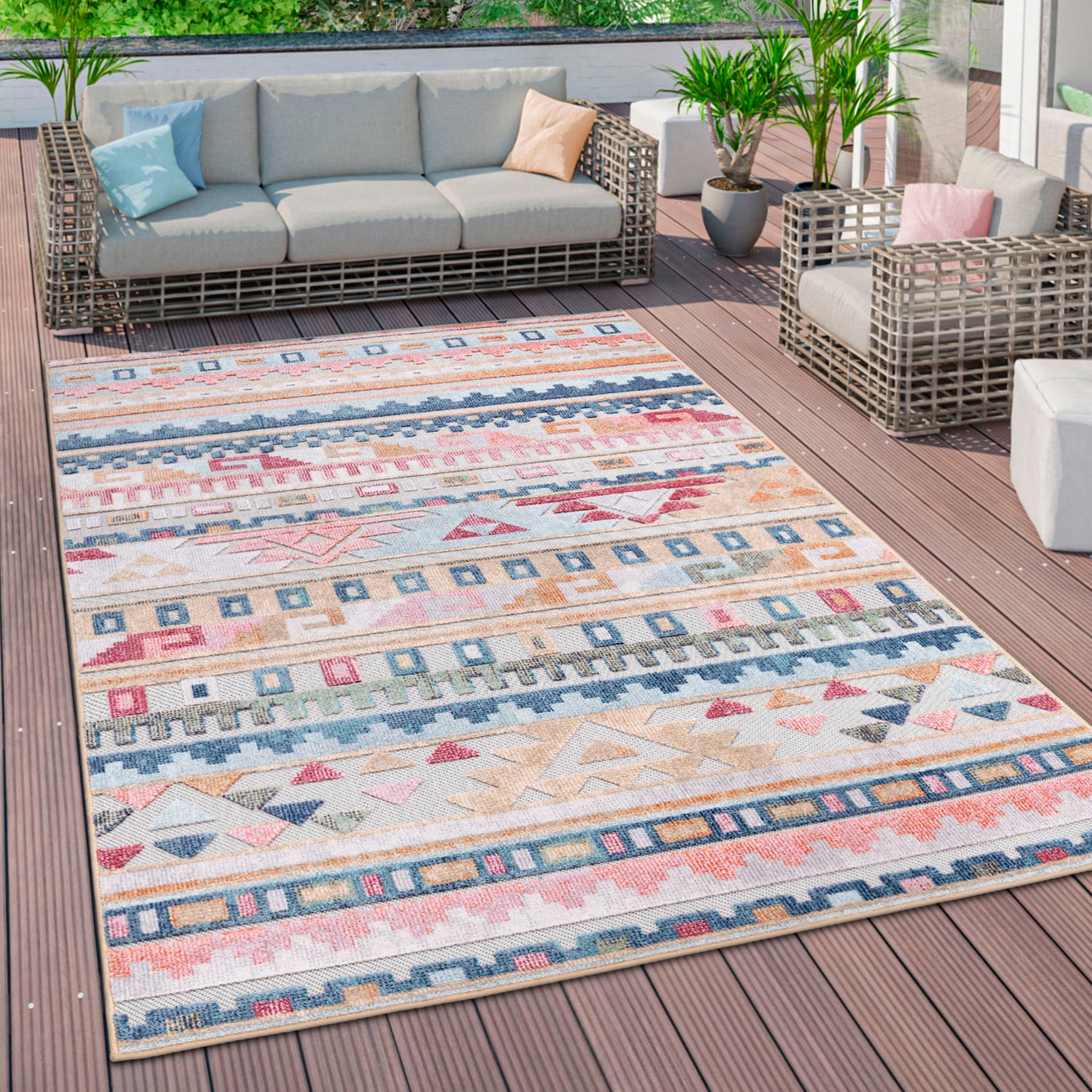 Paco Home Teppich »Fusion 763«, rechteckig, 10 mm Höhe, Kurzflor, gestreift, Ethno, In- und Outdoor geeignet, Wohnzimmer