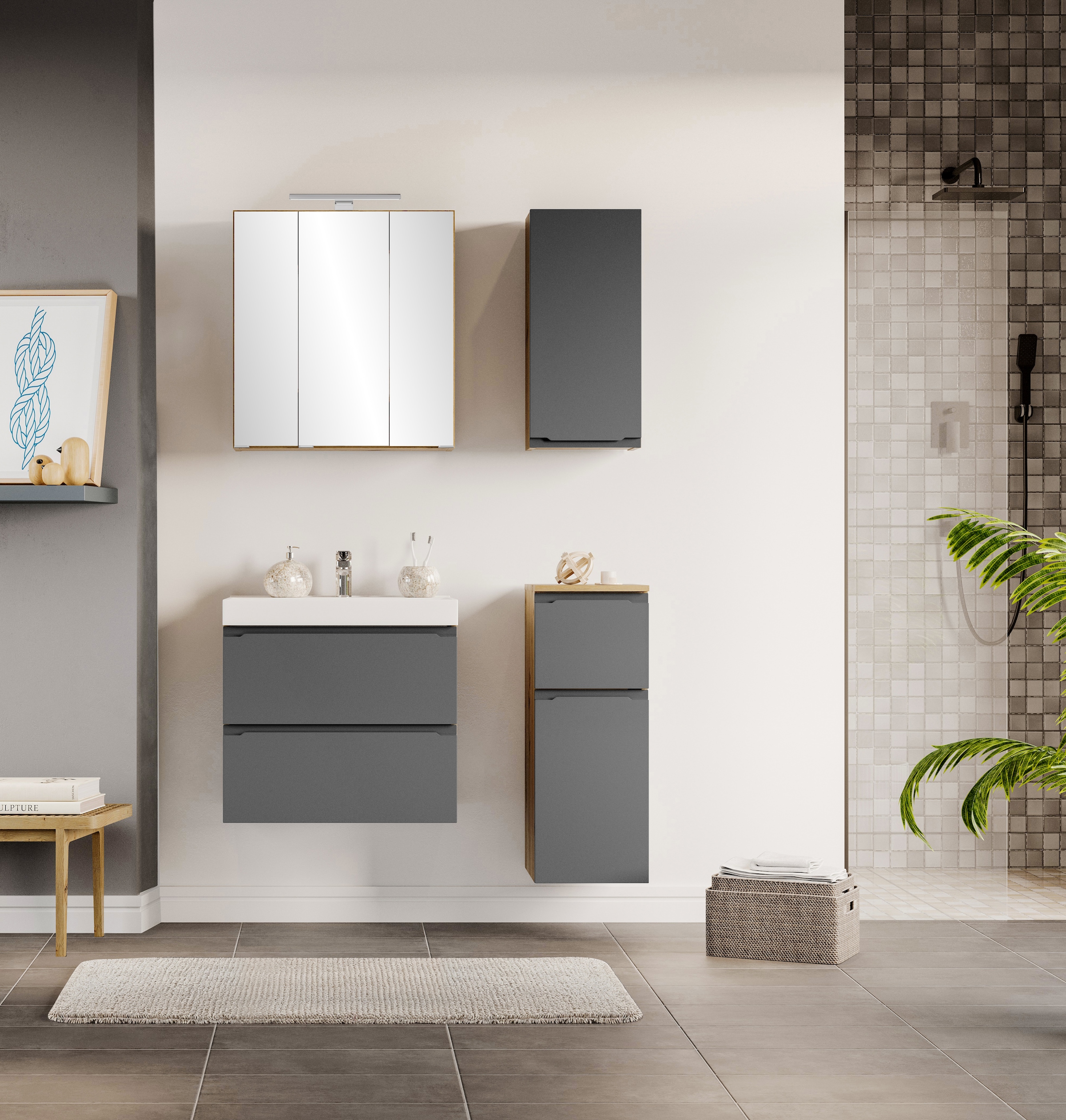 welltime Badezimmerspiegelschrank »CABO, gedämpfte Scharniere« Rundumsicht, dank besonderer Klapptechnik