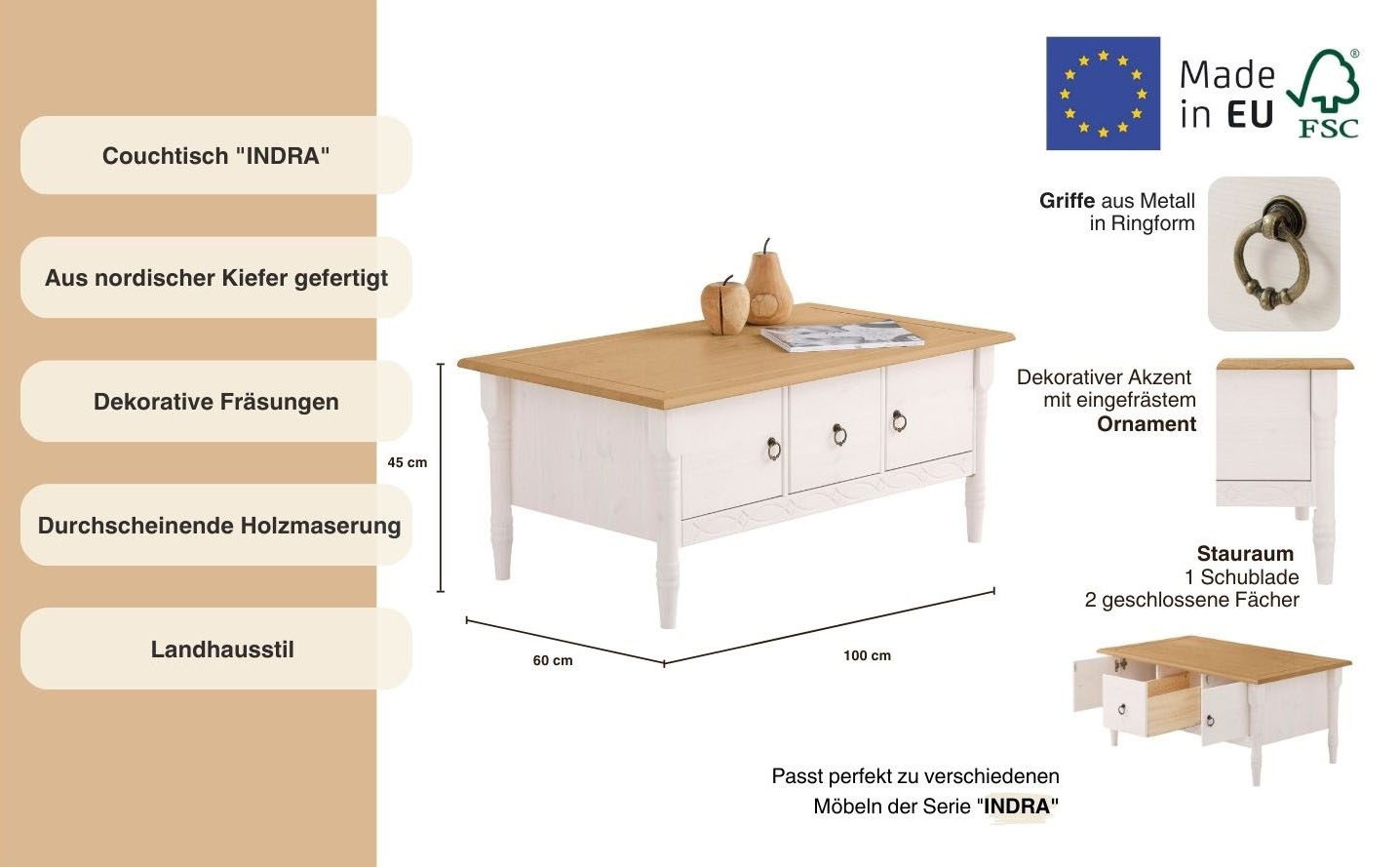 Home affaire Couchtisch »Indra«, aus massiver Kiefer, FSC®, mit Stauraum, dezentes Ornament